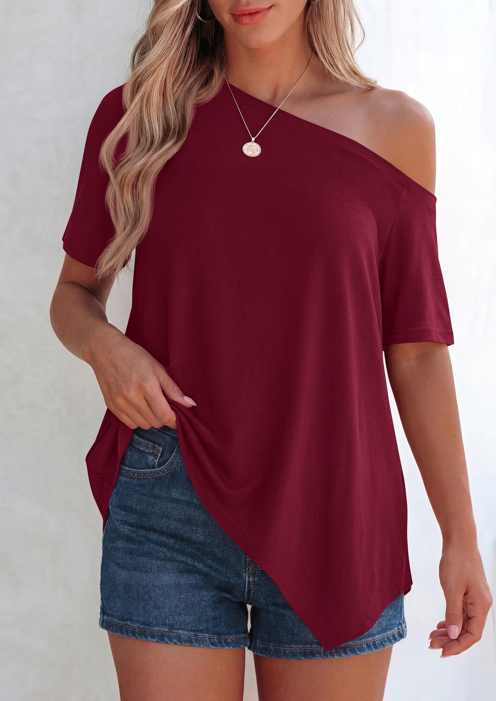 Off Shoulder Tops for Women Oversized Tshirts, Burgundy,S