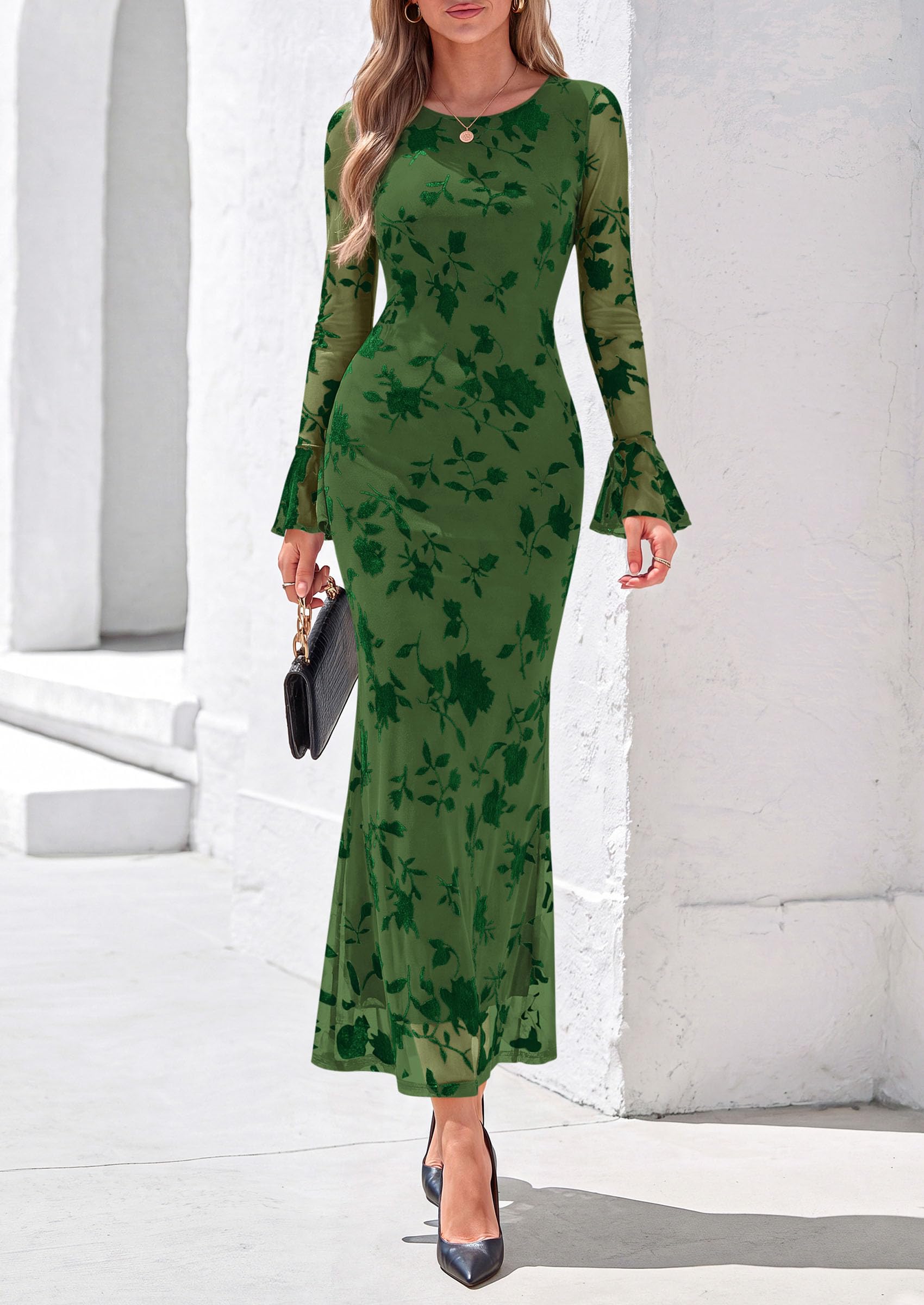 Women's Long Sleeve Maxi Floral Mesh Fall Wedding Guest Dress