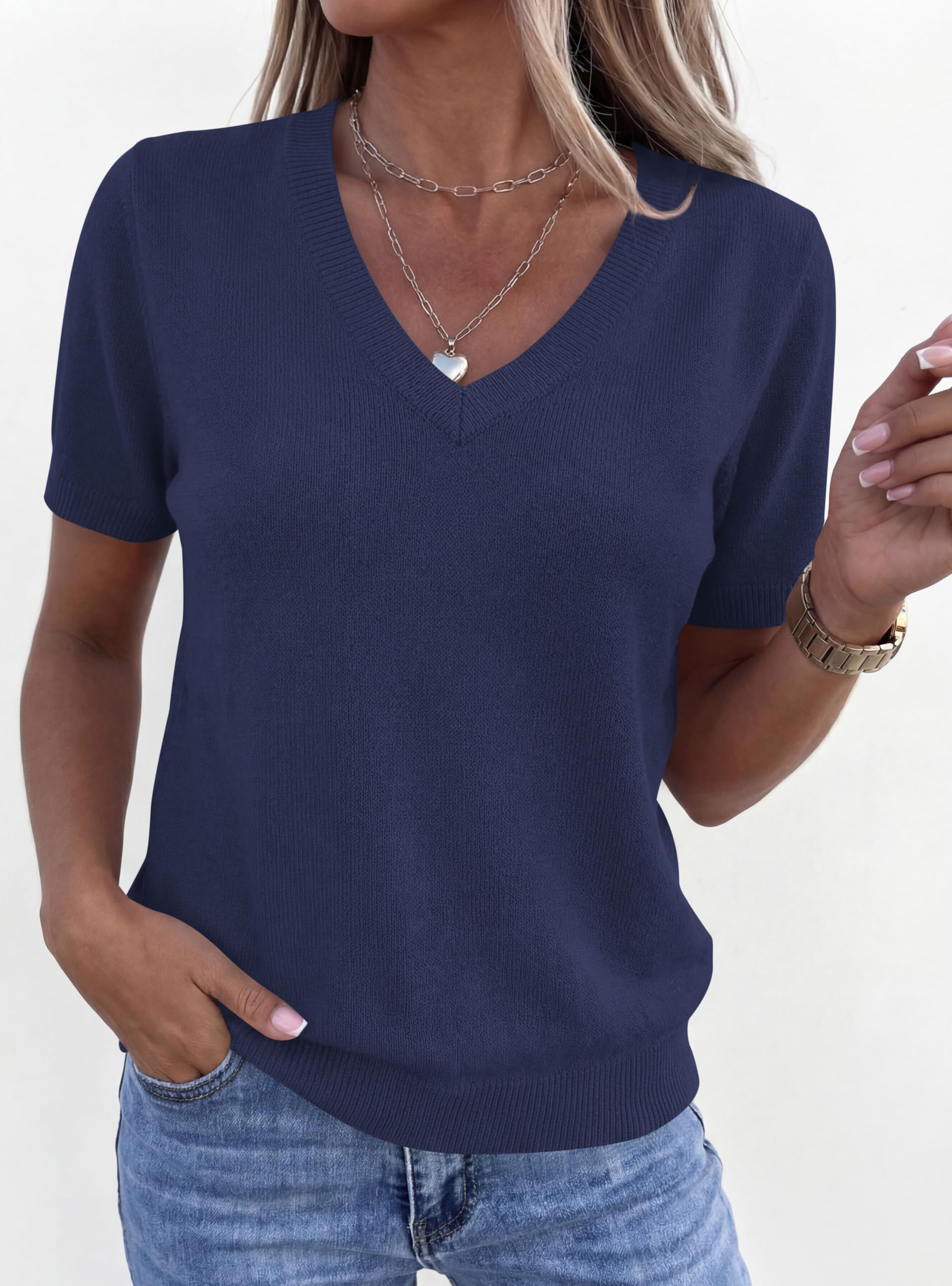 Womens Short Sleeve Sweater V Neck Tops,Navy Blue,S