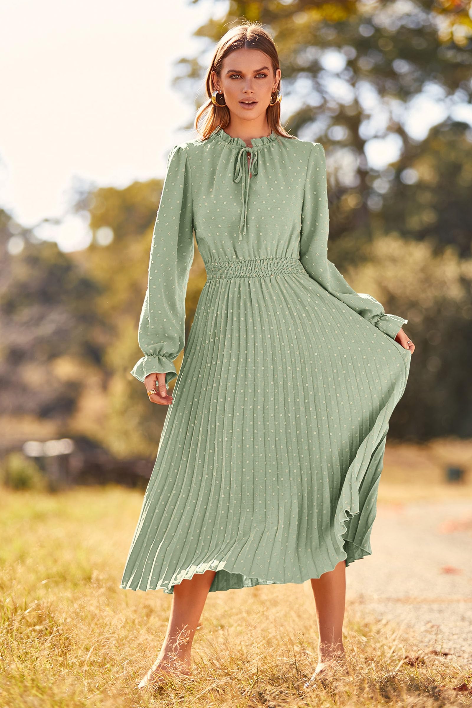 Women's Fall Midi Wedding Guest Dress(Light Green,Small)