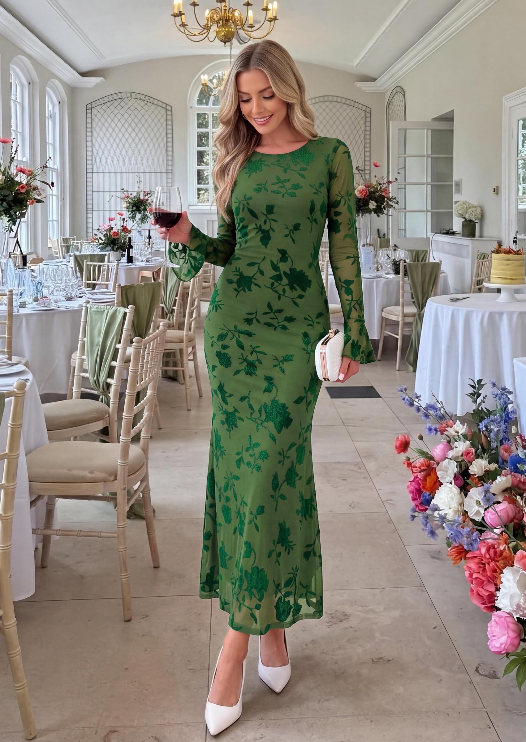 Women's Long Sleeve Maxi Floral Mesh Fall Wedding Guest Dress