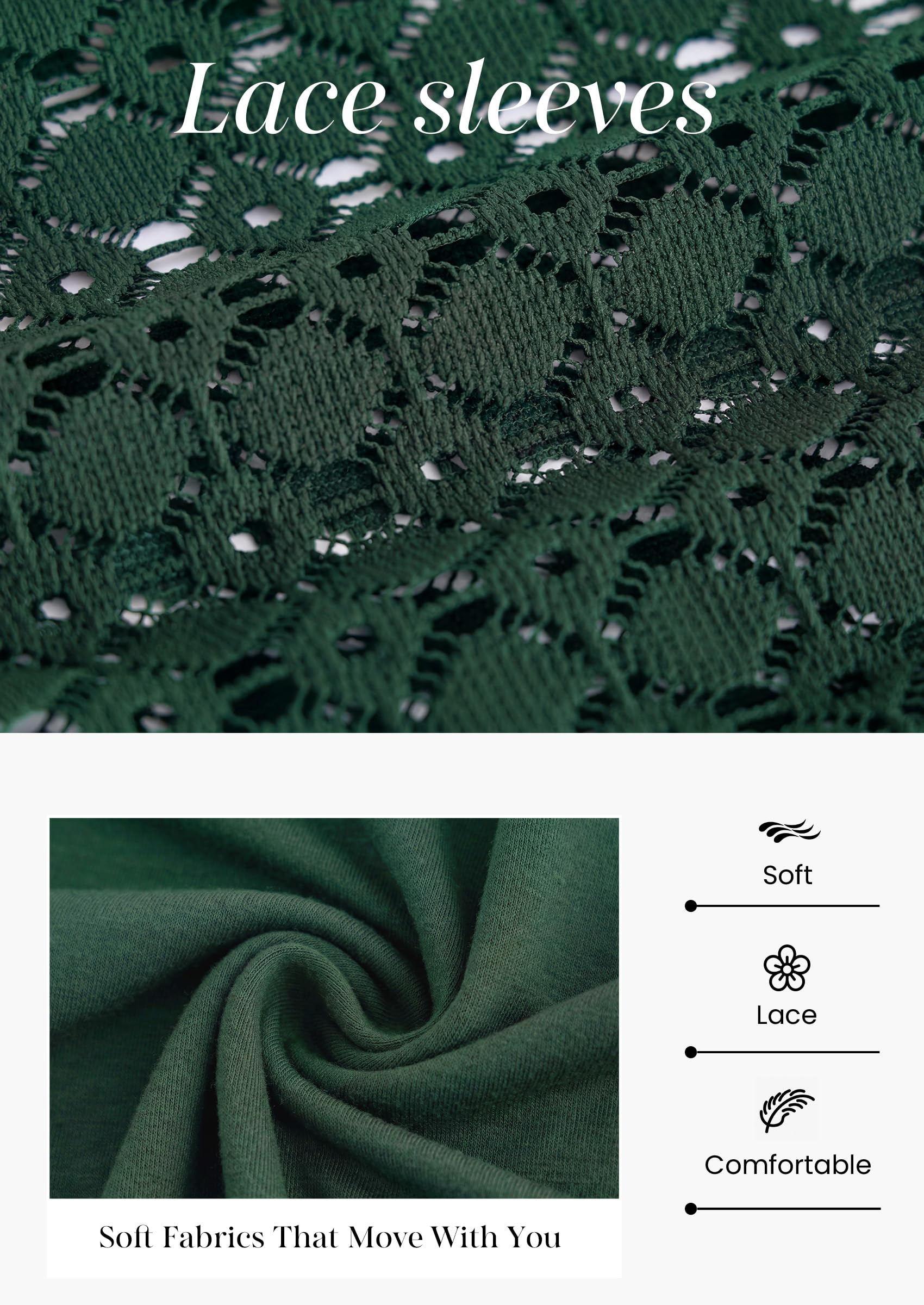Women's Long Sleeve Shirts Fall Lace Tops,Dark Green,S