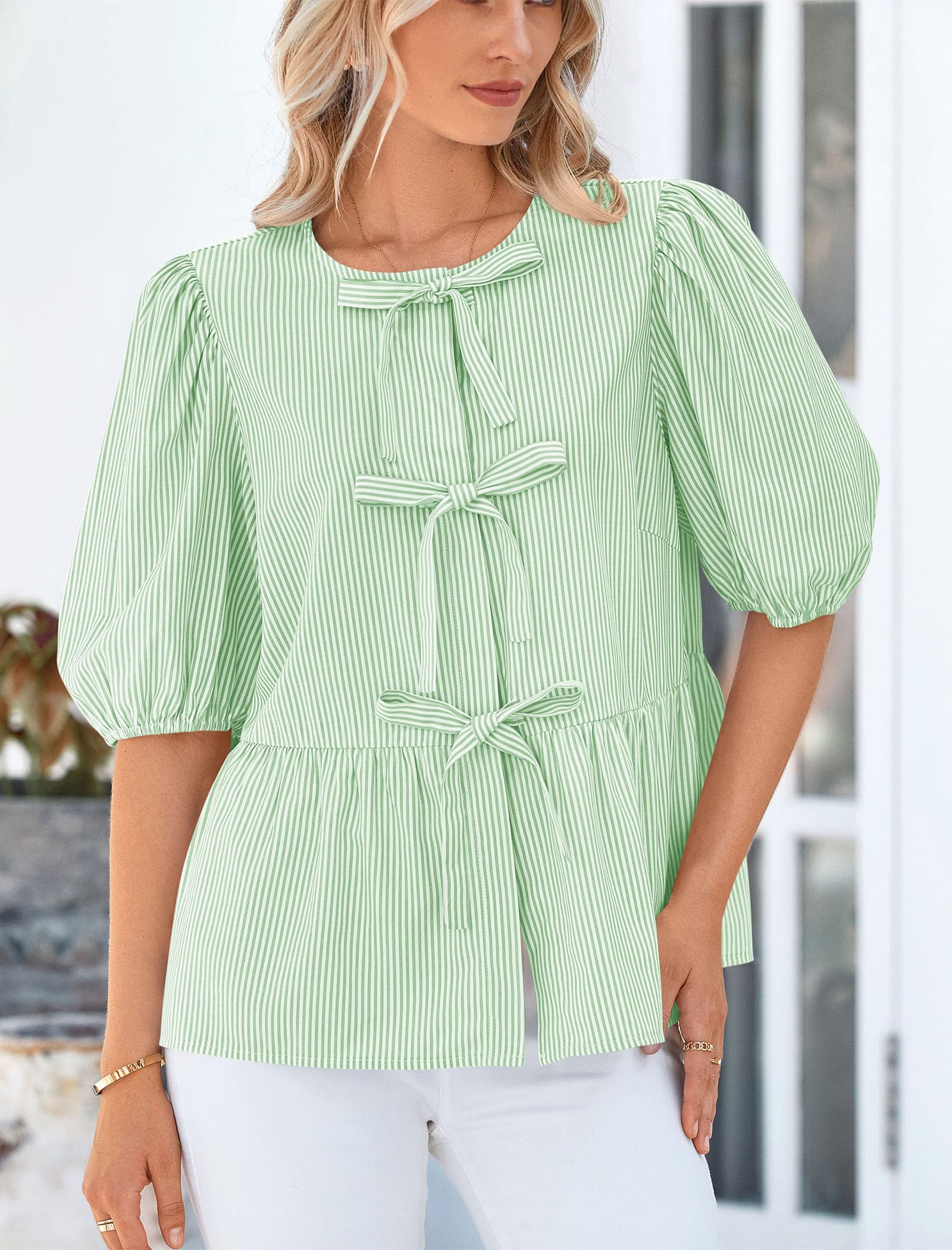 Women Striped Tie Front Babydoll Peplum Tops, Light Green,S