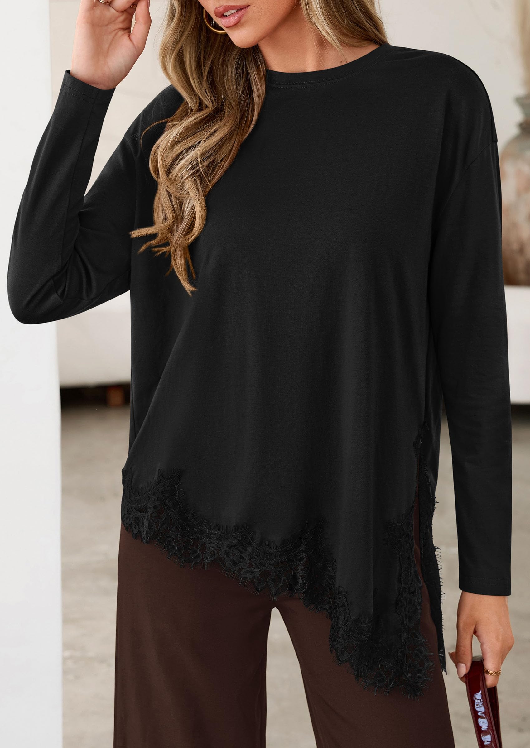 Women's Long Sleeve Asymmetrical Lace Tops Oversized Tshirts