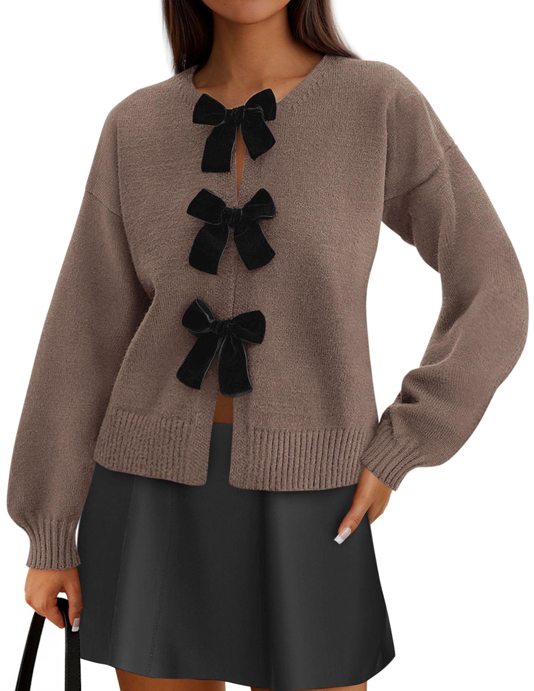 Women's Fall Bow Tie Front Cardigan Sweaters,Coffee,S