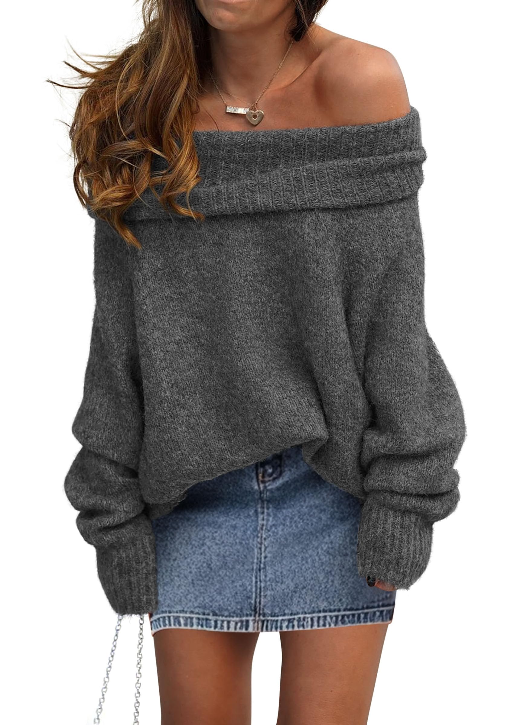 Women's Fall Off The Shoulder Sweater,Dark Grey,S