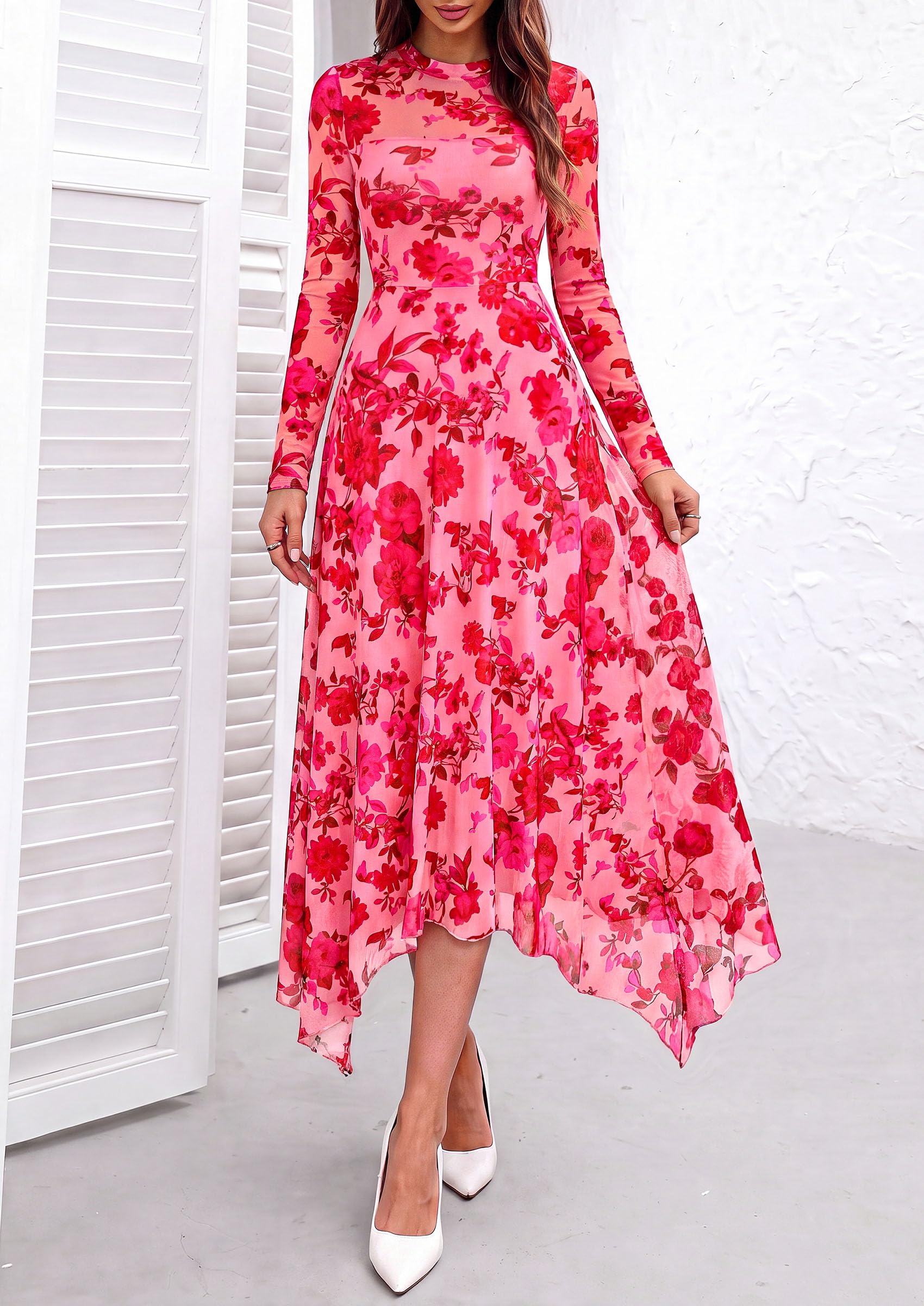 Women's Floral Mesh Midi Dress,Floral Pink Red,S