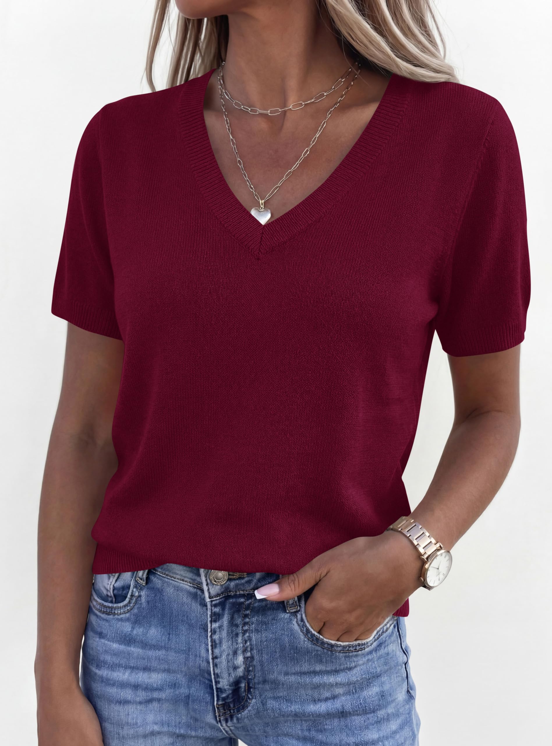 Womens Short Sleeve Sweater V Neck Tops,Wine Red,S