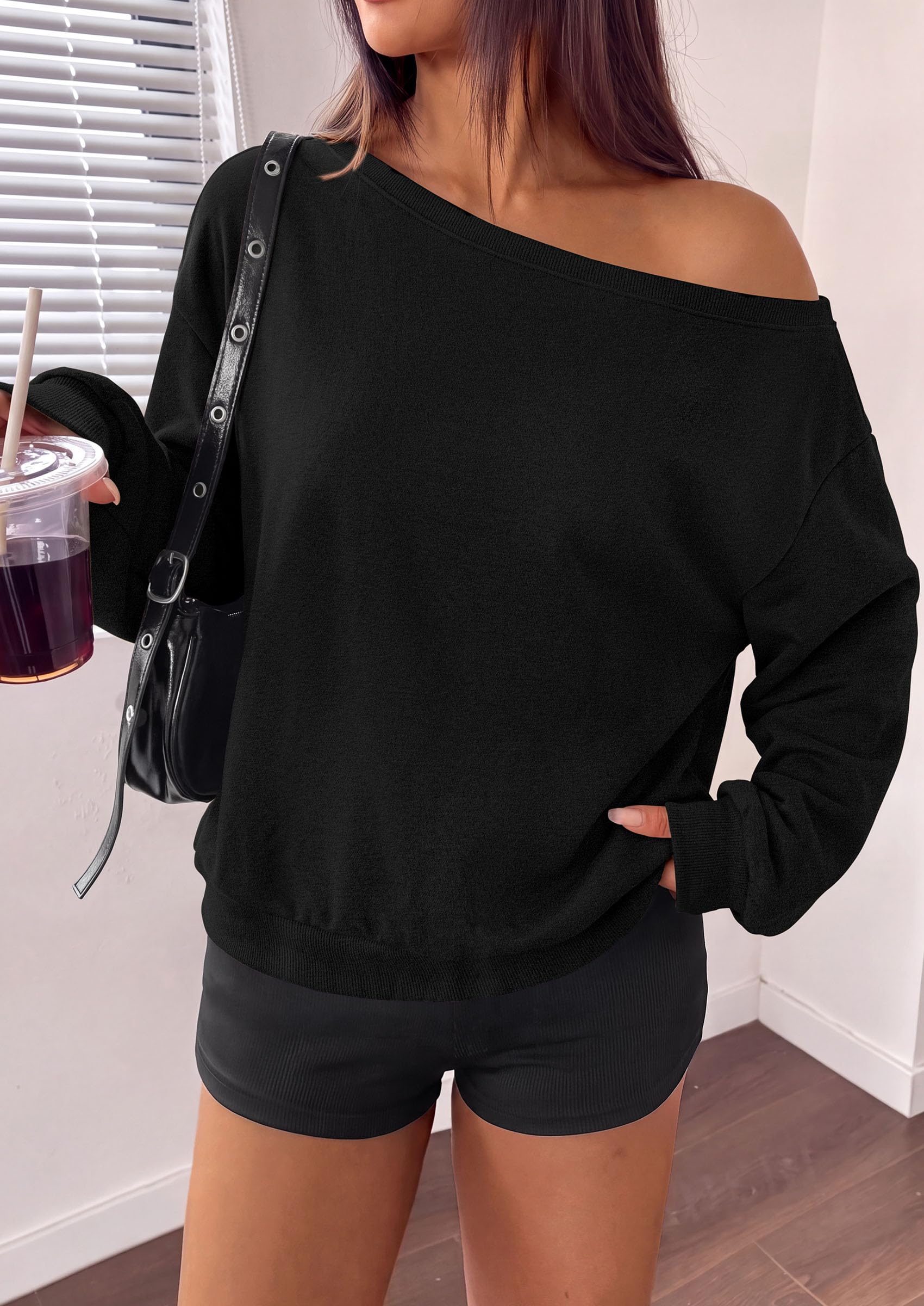 Womens Off The Shoulder Sweatshirt Fall Long Sleeve Tops Black