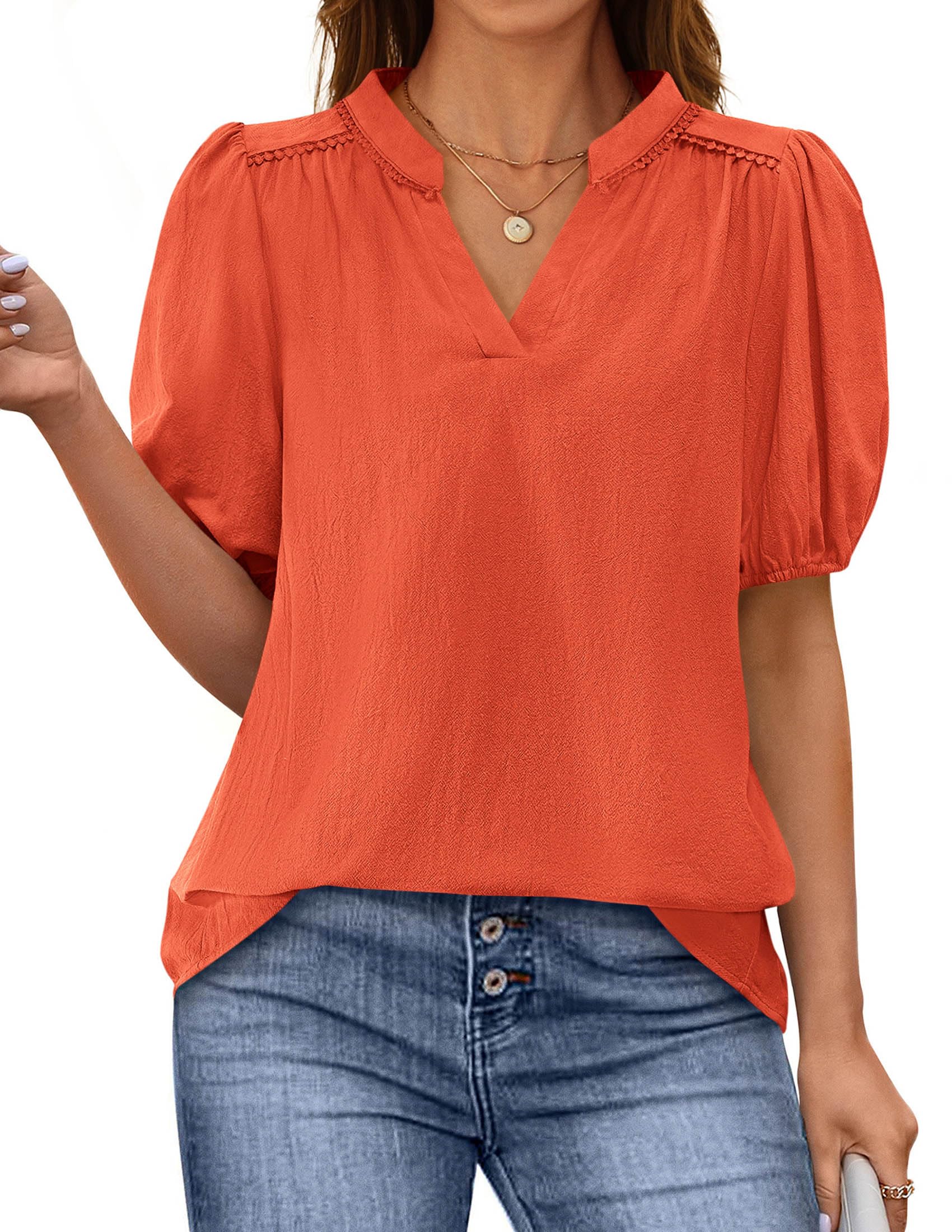 Womens Short Puff Sleeve V Neck Blouses,Orange Red,S