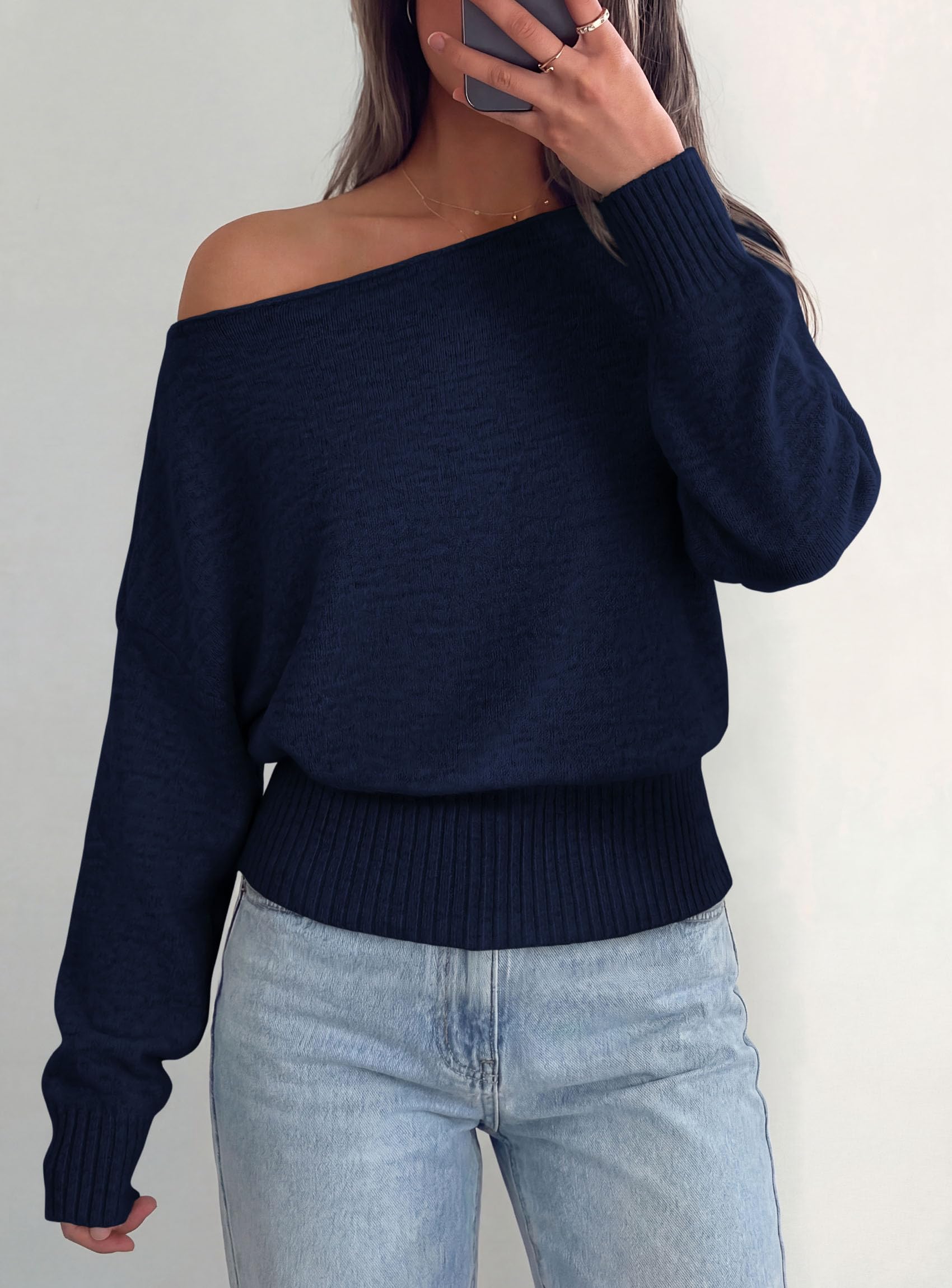 Womens Off The Shoulder Sweater Fall Fashion,Navy Blue,S