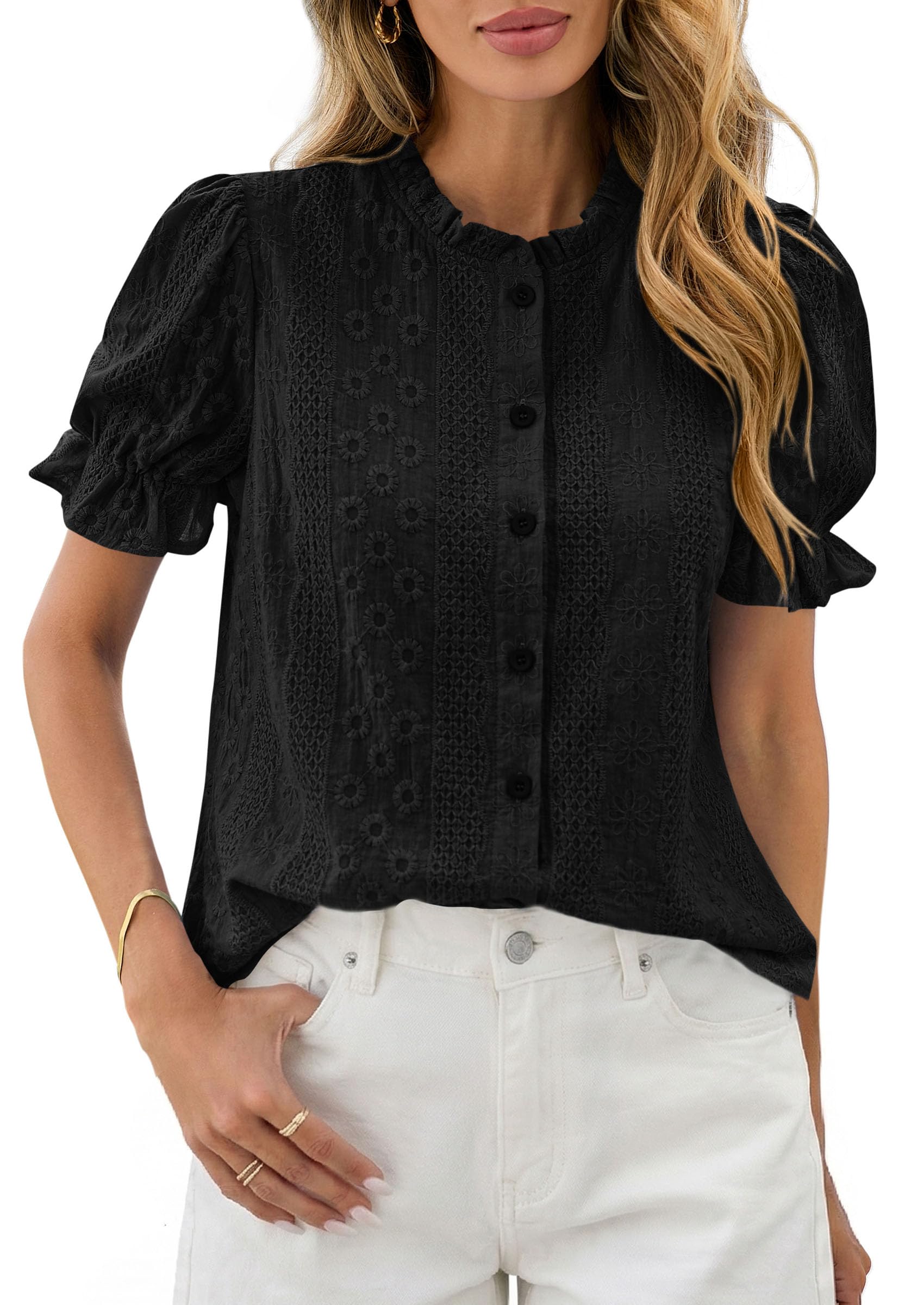 Womens Embroidered Puff Short Sleeve Tops,Black,S