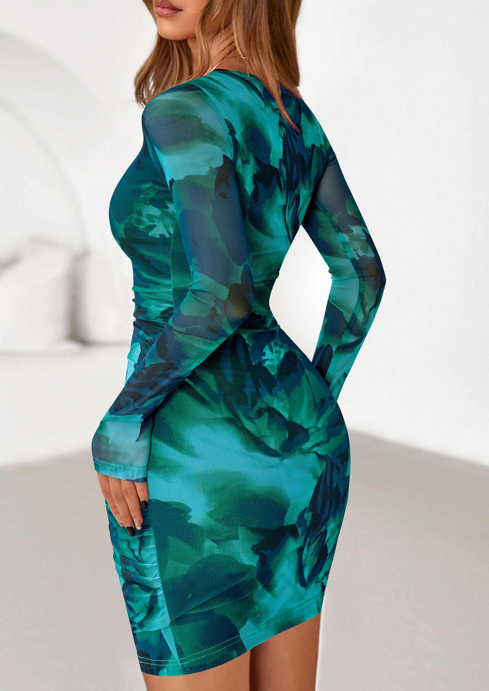 Mesh Mini Dresses for Women Long Sleeve Lake Blue Floral,XS