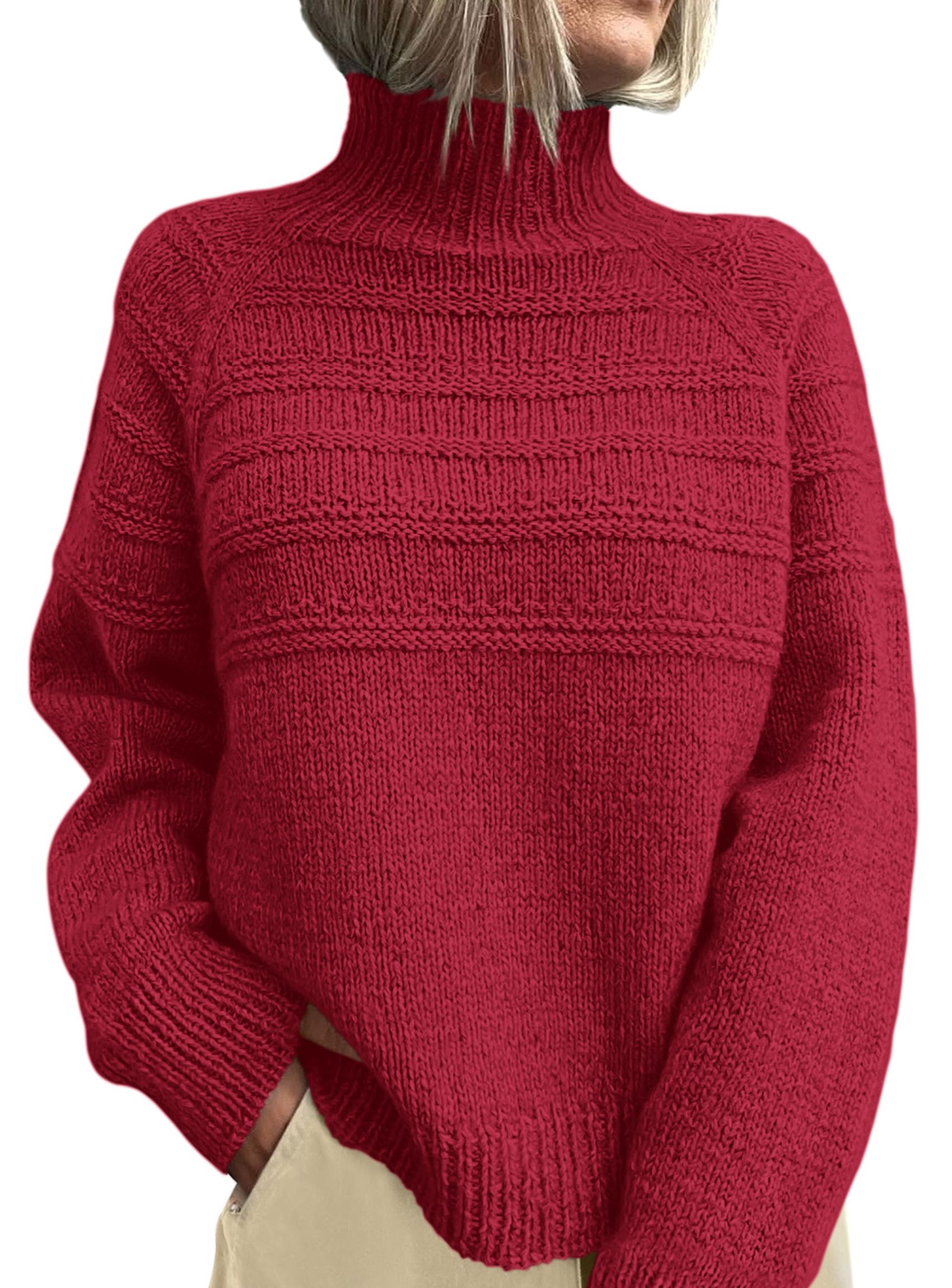 Women's Chunky Knit Mock Neck Pullover Sweaters,Red,S