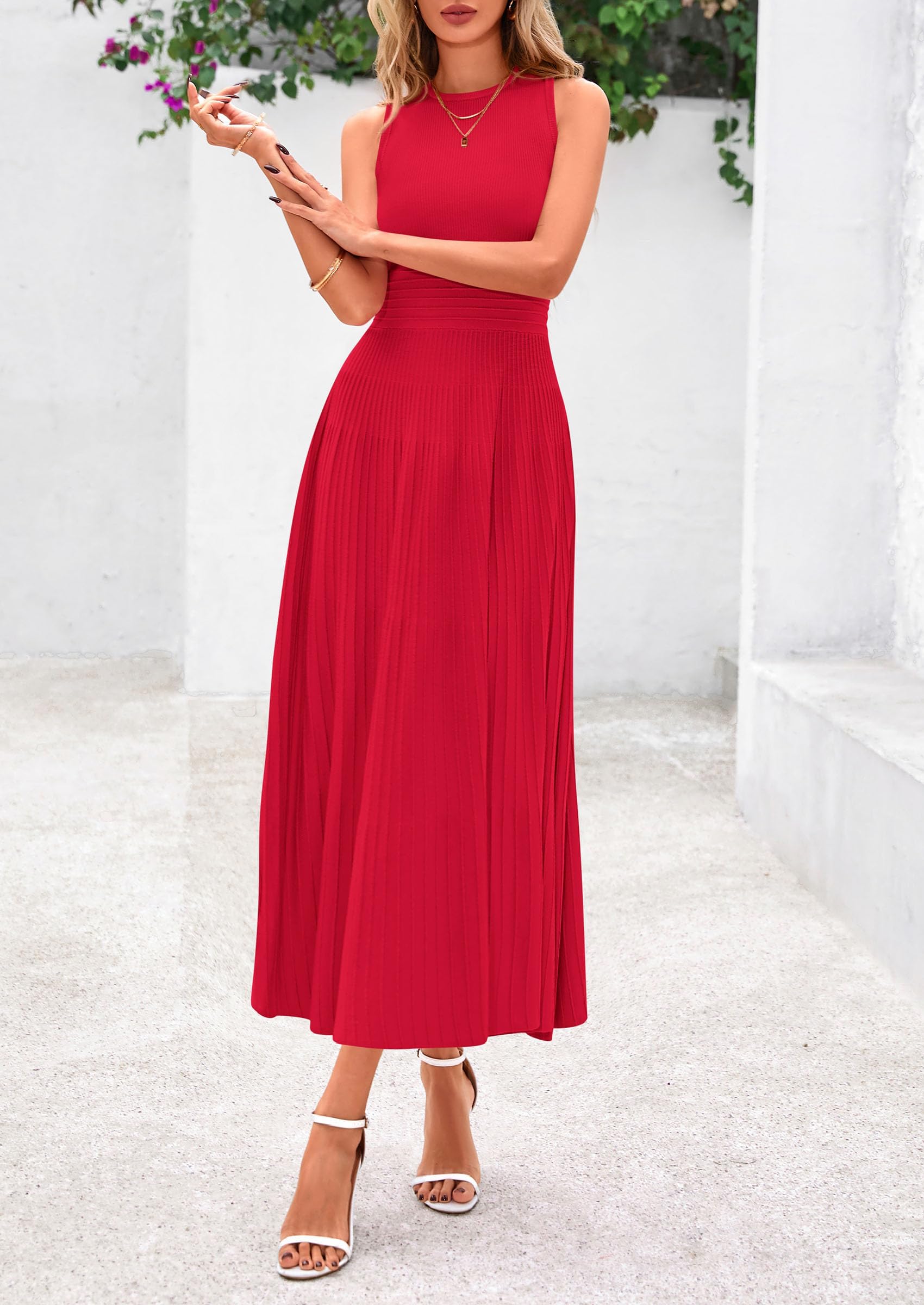 Women's Summer Pleated Midi Work Dress,Red,S