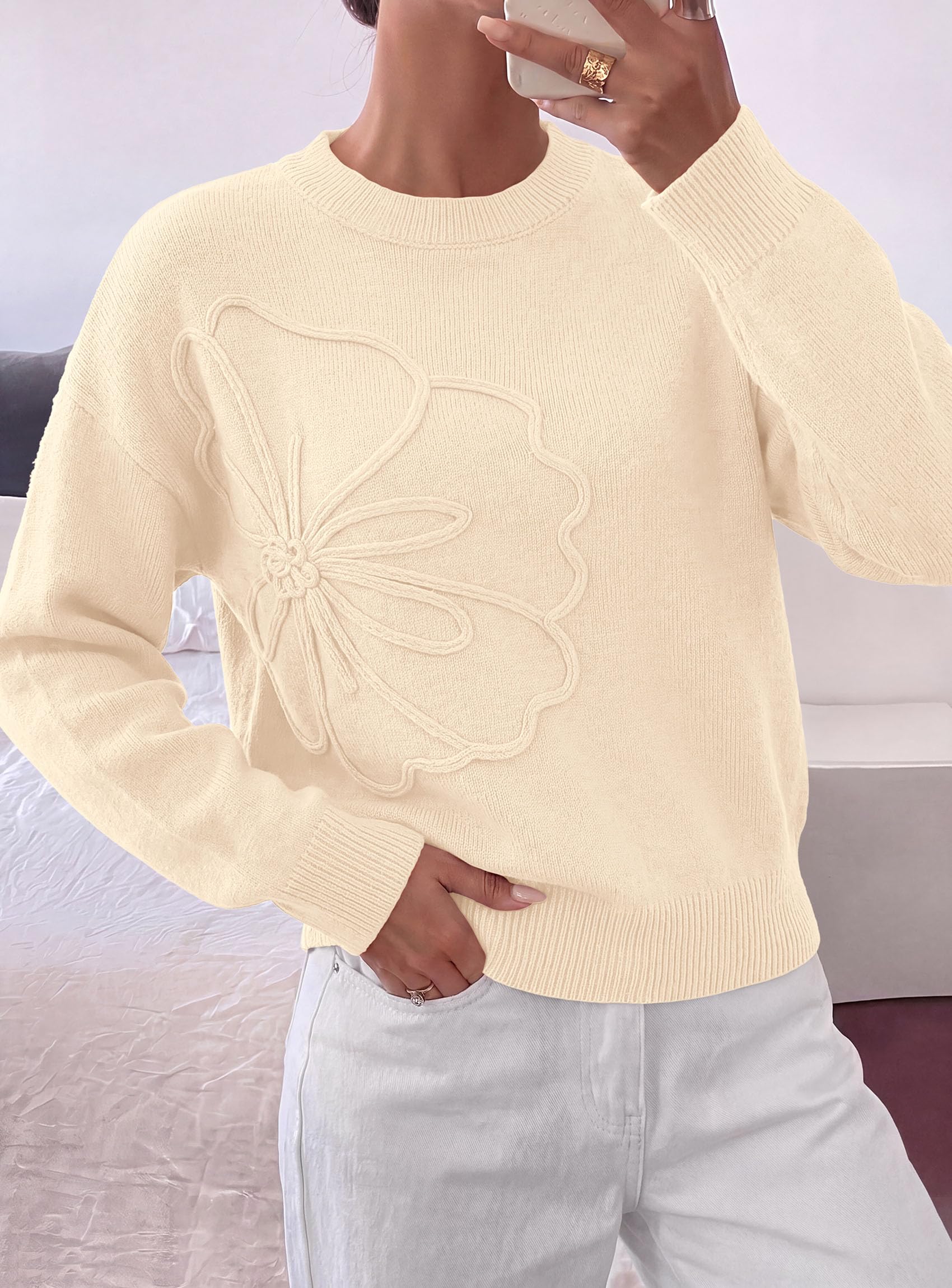 Womens Sweaters Floral Long Sleeve Knit Tops,Beige,S