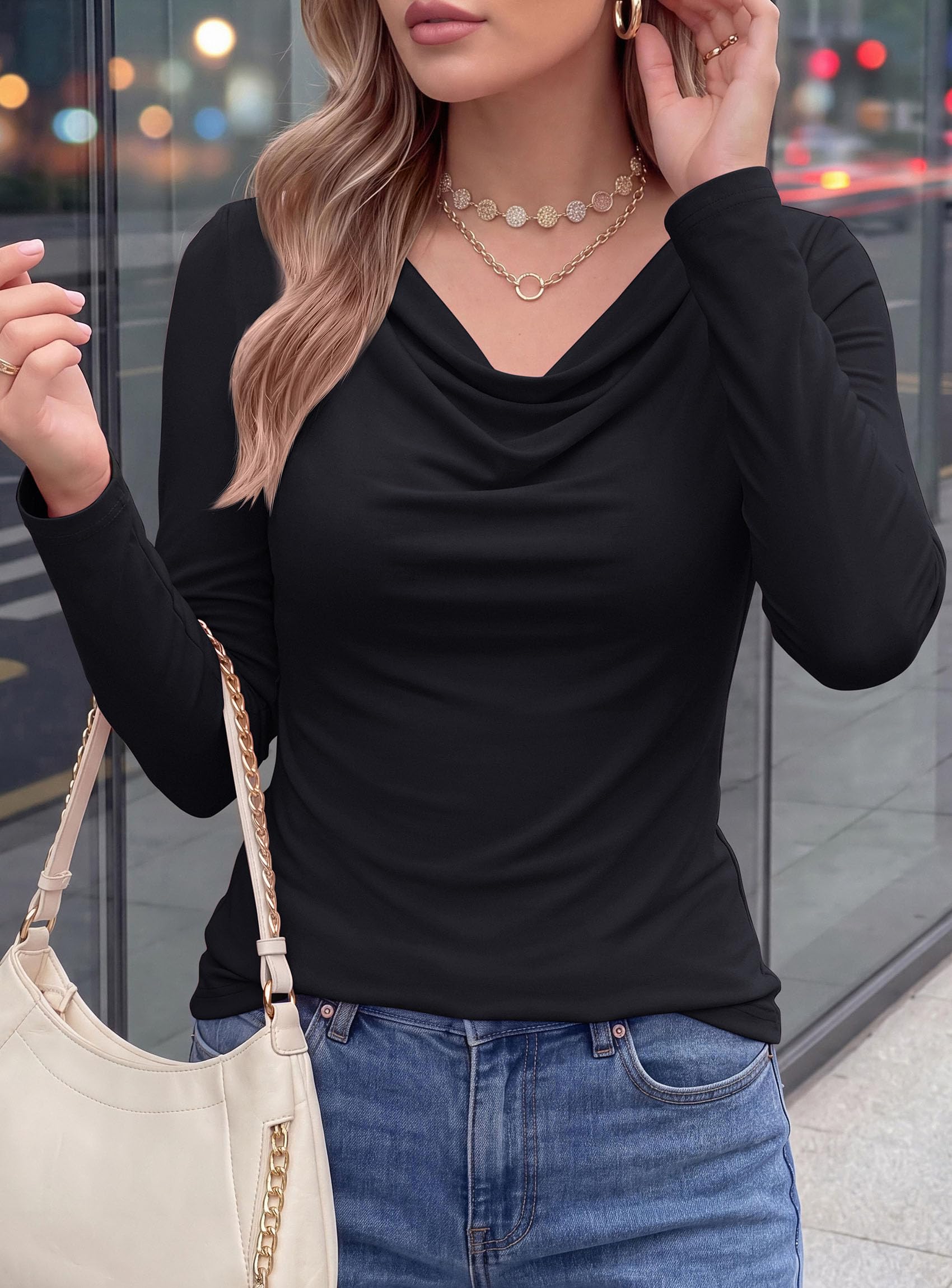 Cowl Neck Tops for Women Fashion Long Sleeve Shirt Black