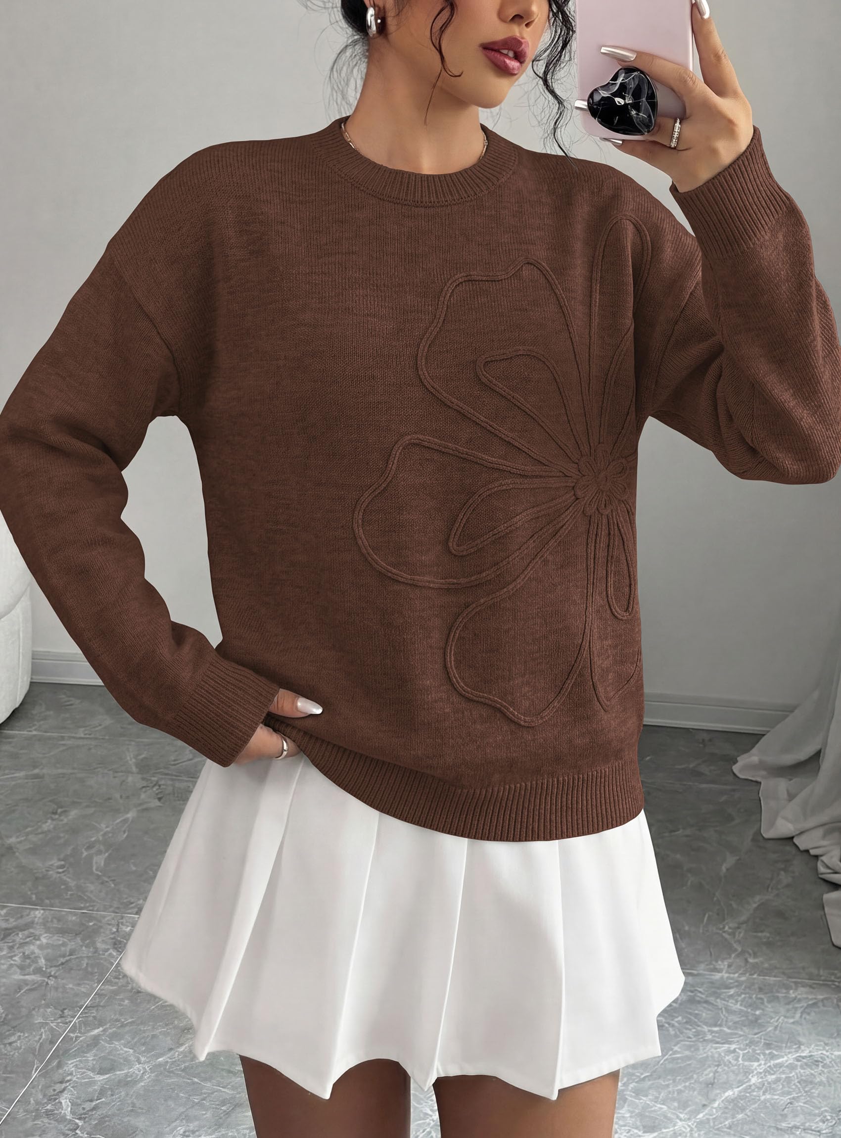 Sweaters for Women Fall Fashion Embroidered Floral Knit Tops