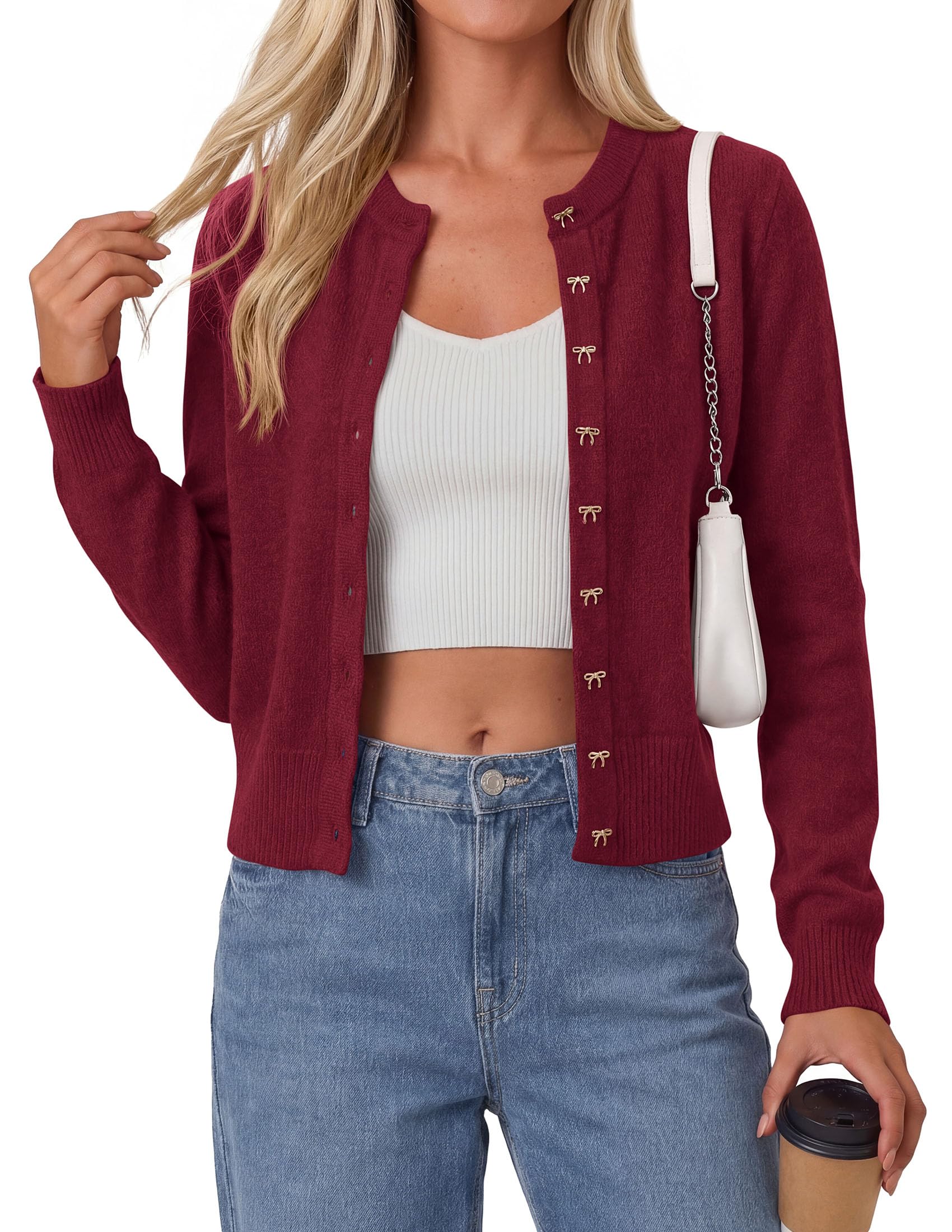 Cardigan Sweaters for Women Cropped Bow Button Up Cardigan