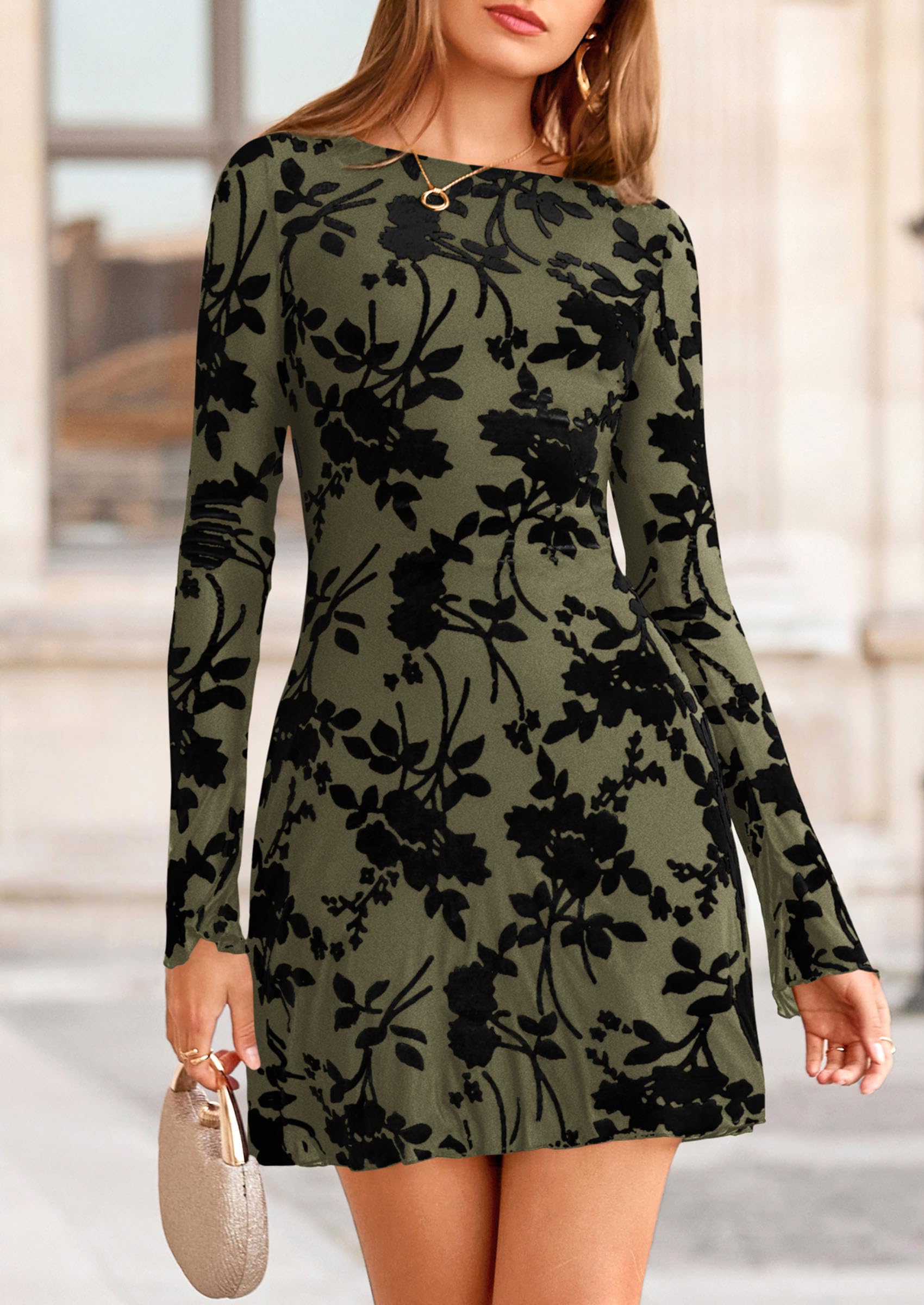 Women's Fall Floral Long Sleeve Mini Dress (Army Green,XS)