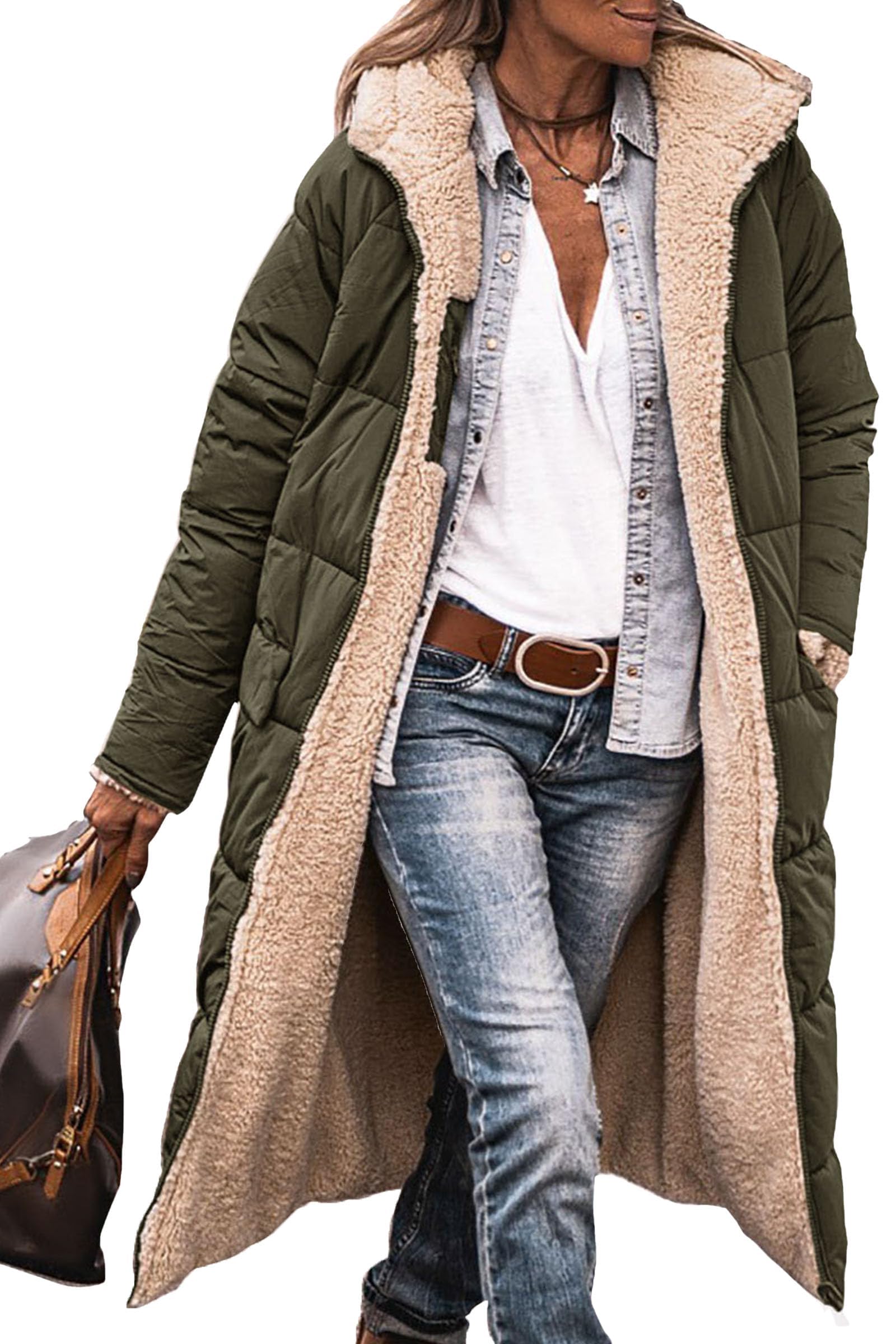 Women's Winter Fleece Warm Long Coats(Army Green,Small)