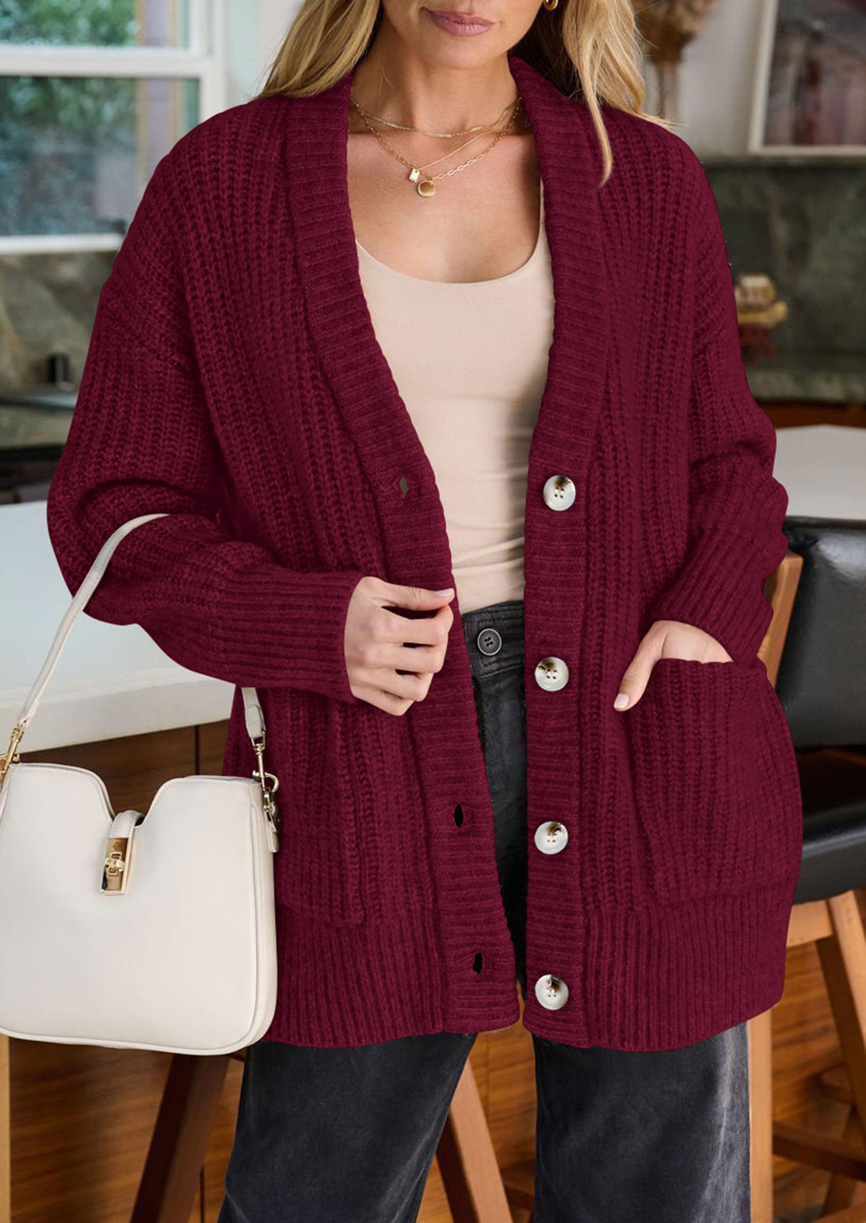 Oversized Cardigan Sweaters for Women Button Up,Burgundy,S