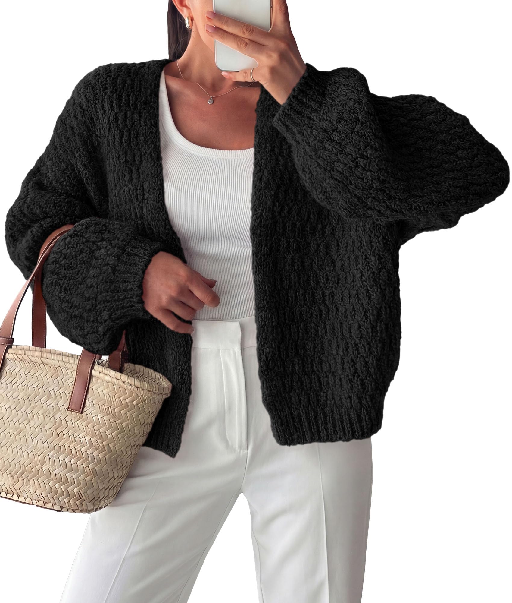 Women's Fall Cardigan Open Front Chunky Sweaters Black S