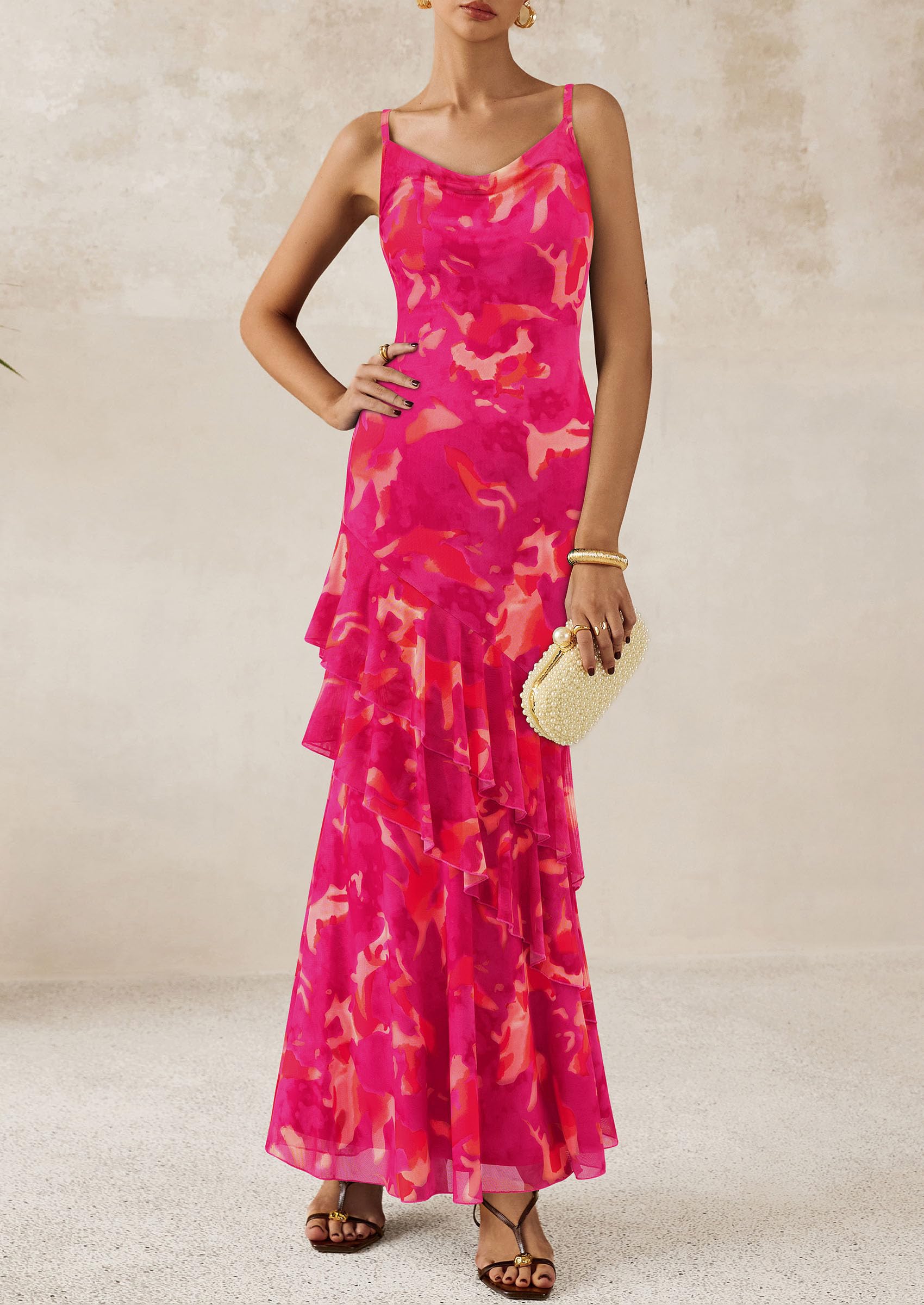 Women's Boho Floral Tiered Maxi Dress, Floral Rose Red,XS