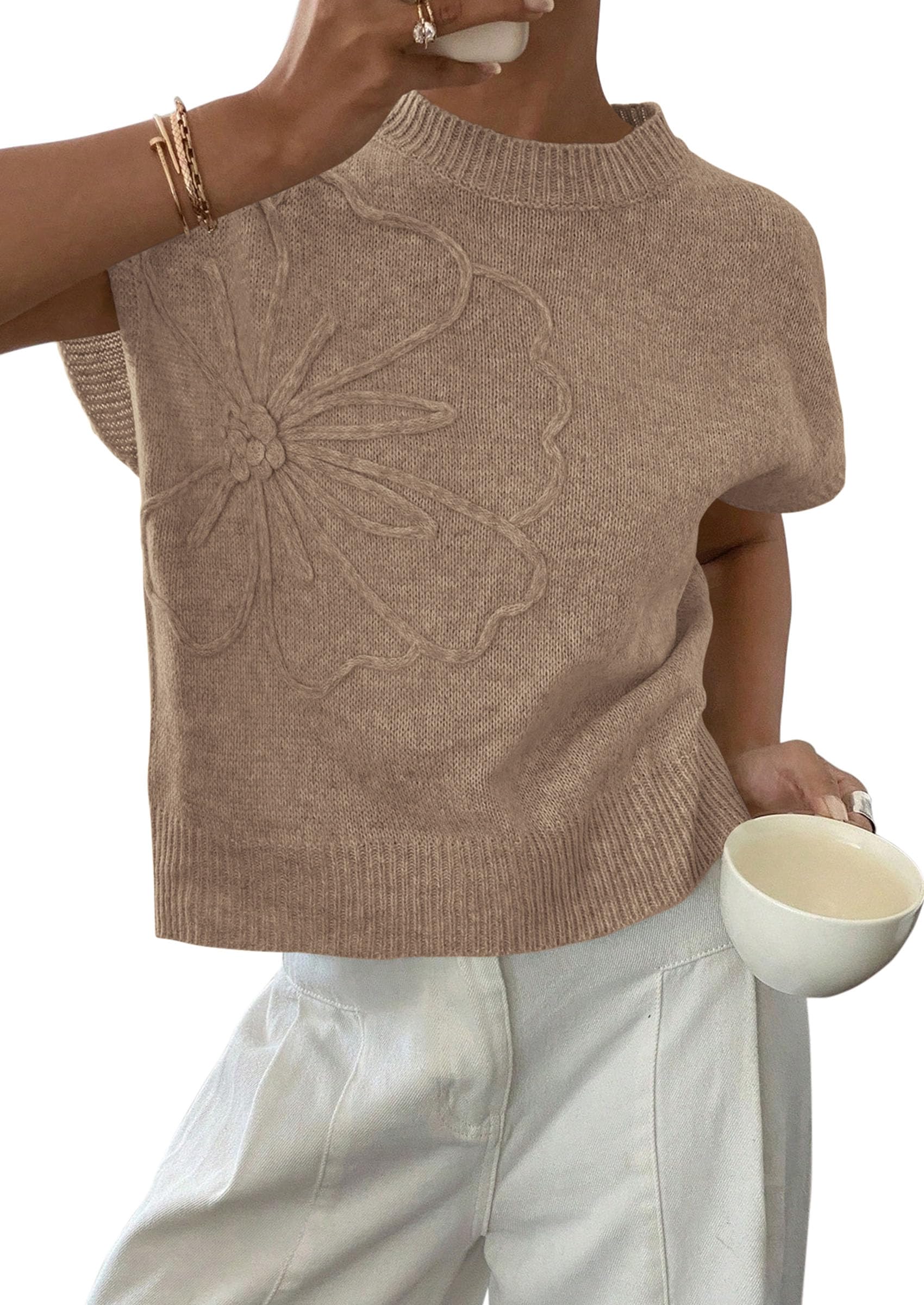 Women's Summer Short Cap Sleeve Sweater Vest (Grey Khaki,S)