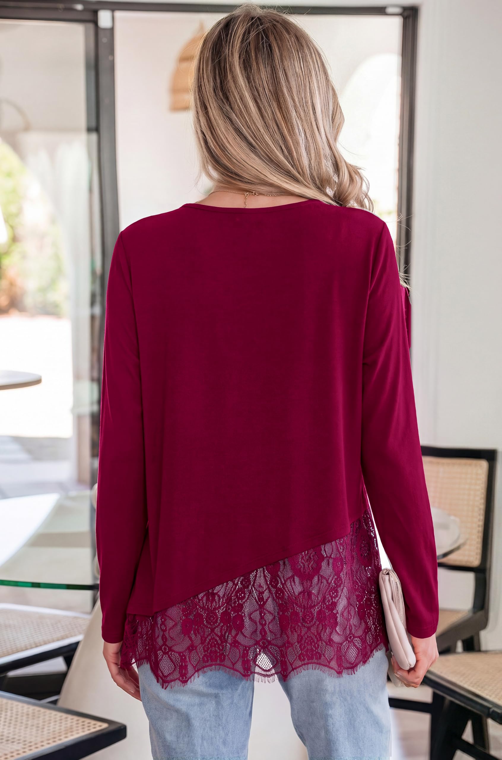 Women's Lace Patchwork Long Sleeve Shirts,Wine Red,S