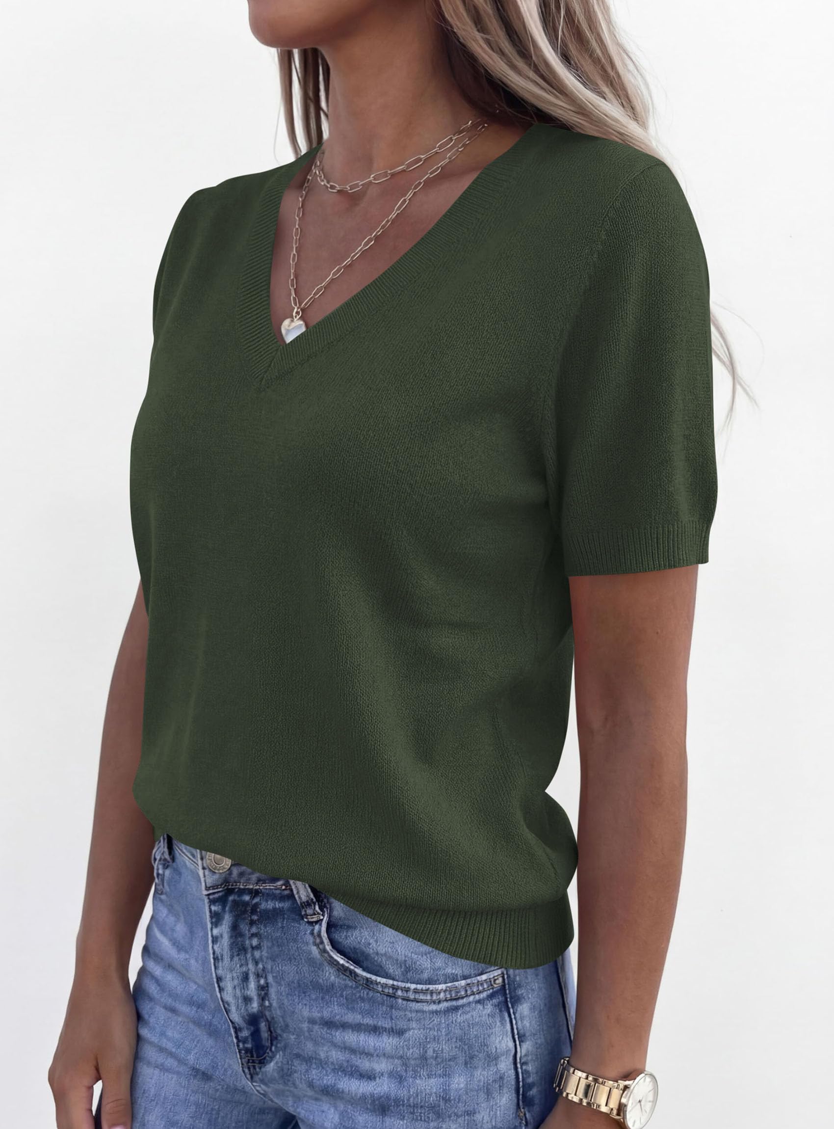Womens Short Sleeve Sweater V Neck Tops,Army Green,S