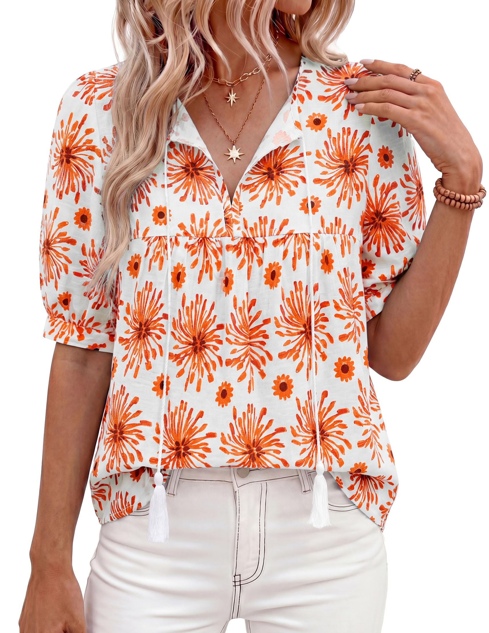 Womens Summer Boho Blouses Dressy Casual Floral White Orange,S