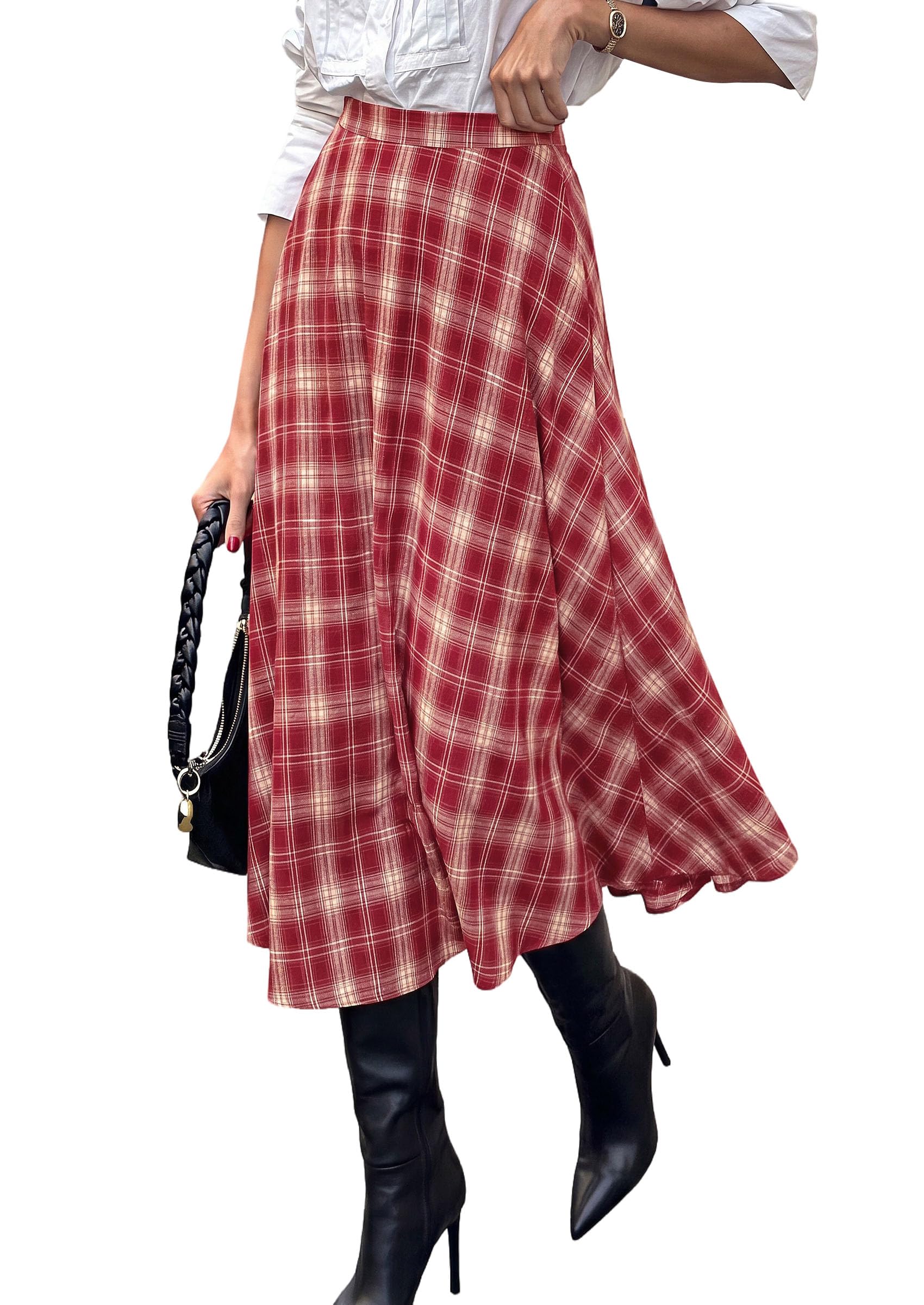 Women's Plaid High Waisted A-Line Midi Skirts,Red,S
