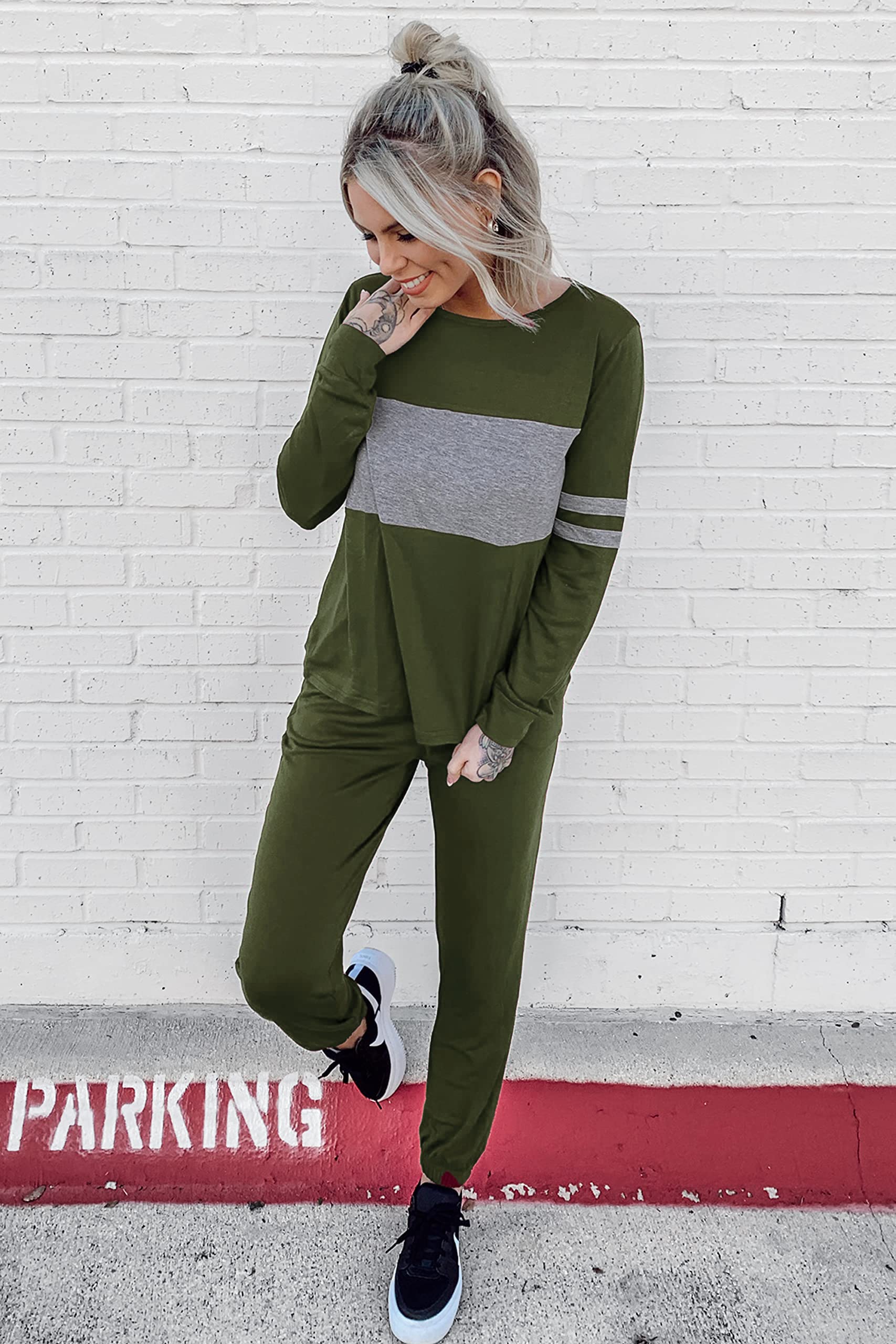 Women Color Block 2 Piece Sets Tracksuit,Army Green,S