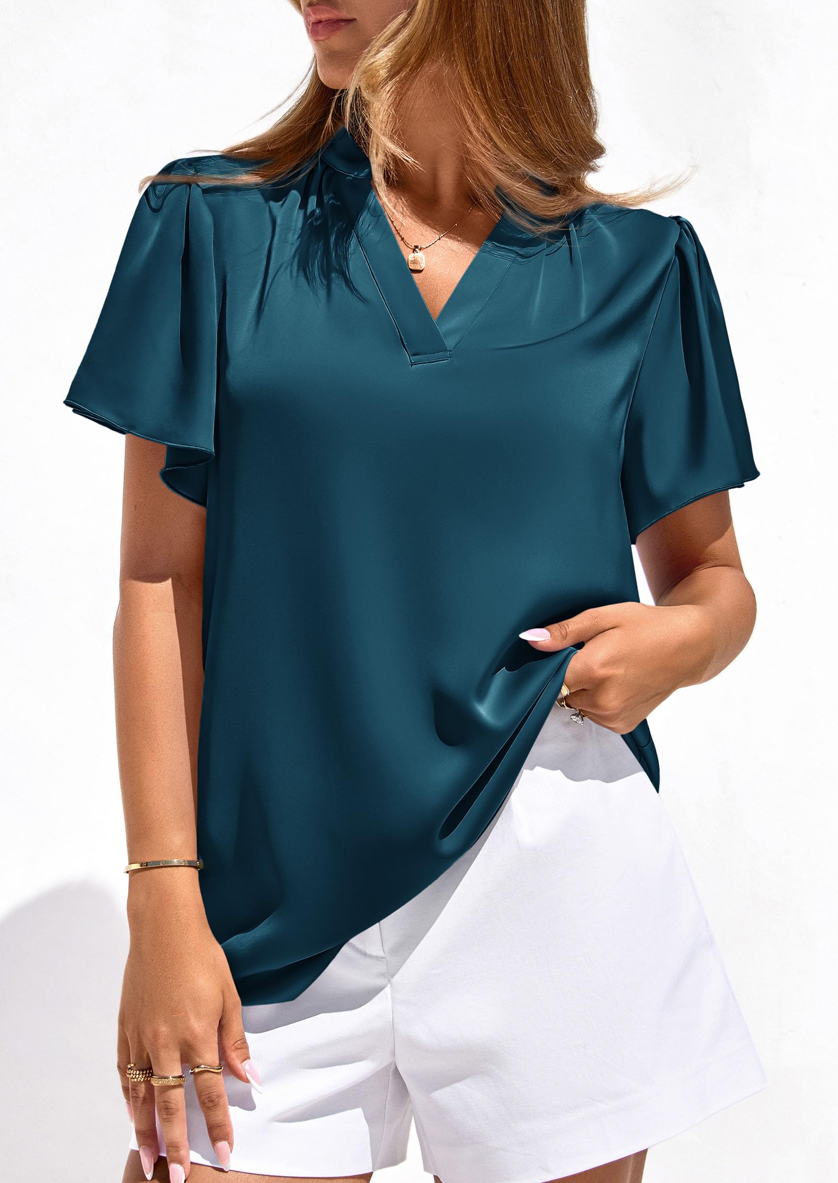 Women's Summer Satin Dressy Casual Blouses (Dark Blue,S)