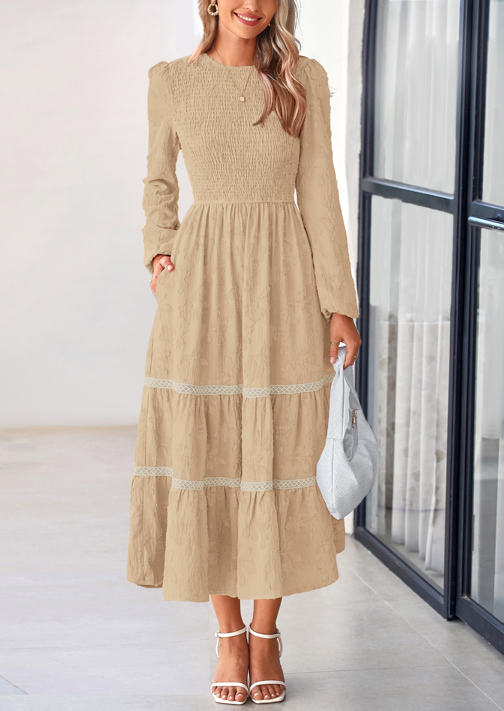 Women's Long Sleeve Boho Floral Midi Dress, Apricot,S
