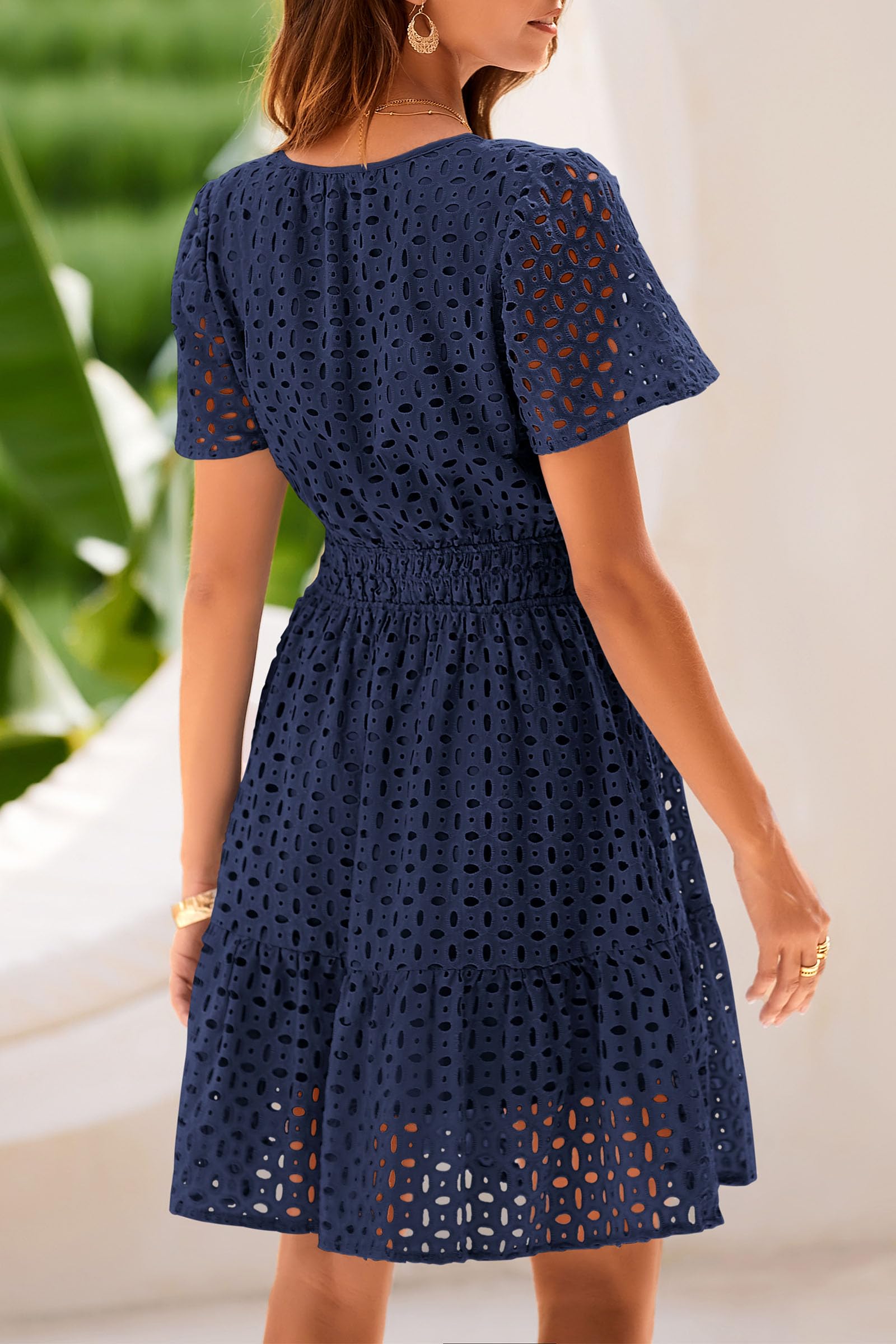 Womens 2025 Summer Short Dress V Neck Short Sleeve A Line Hollow Out Lace Ruffle Cute Casual Beach Party Dresses (Navy,Medium)