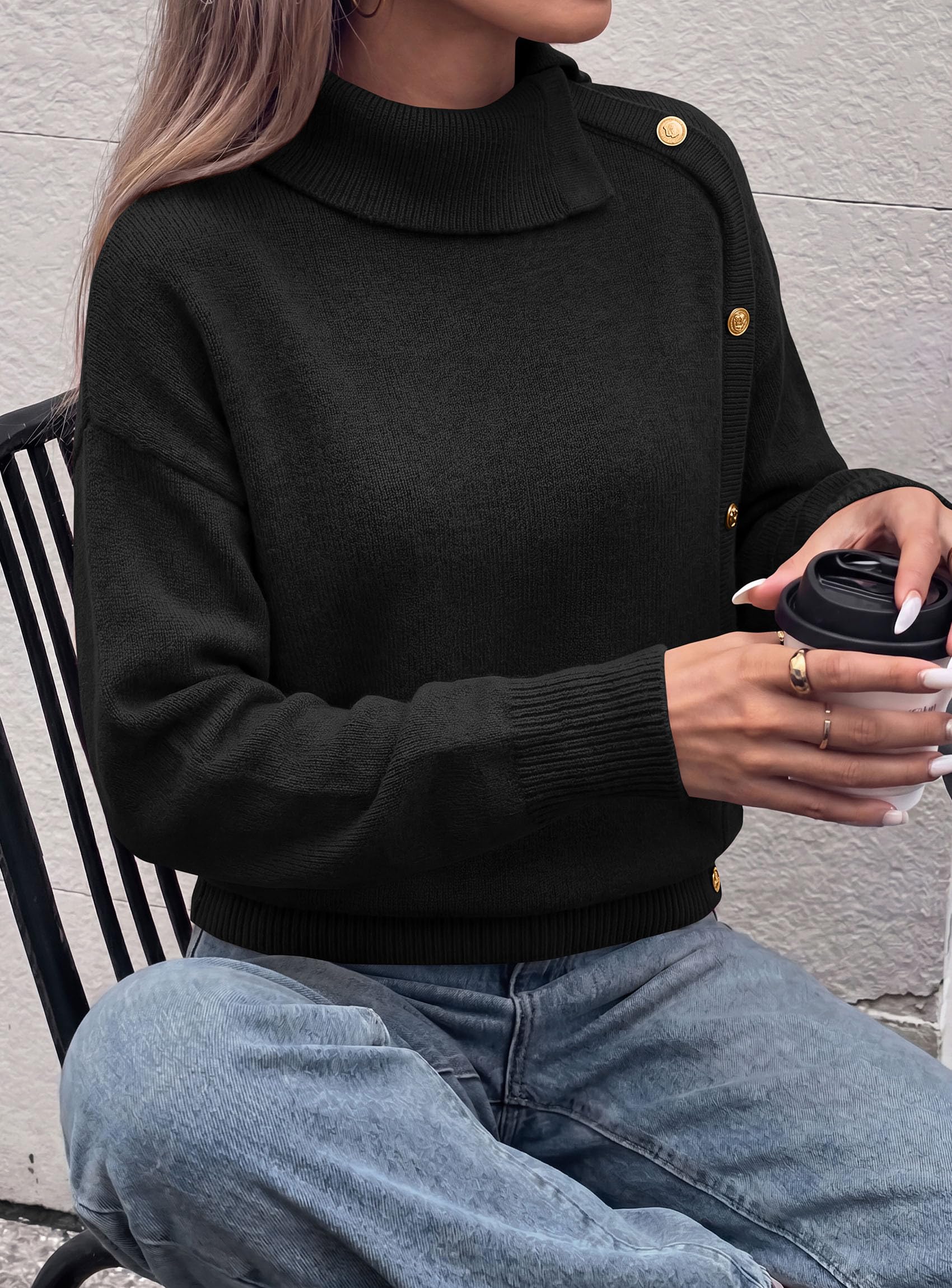 Womens Turtleneck Sweater Pullover Side Button Fall Clothes