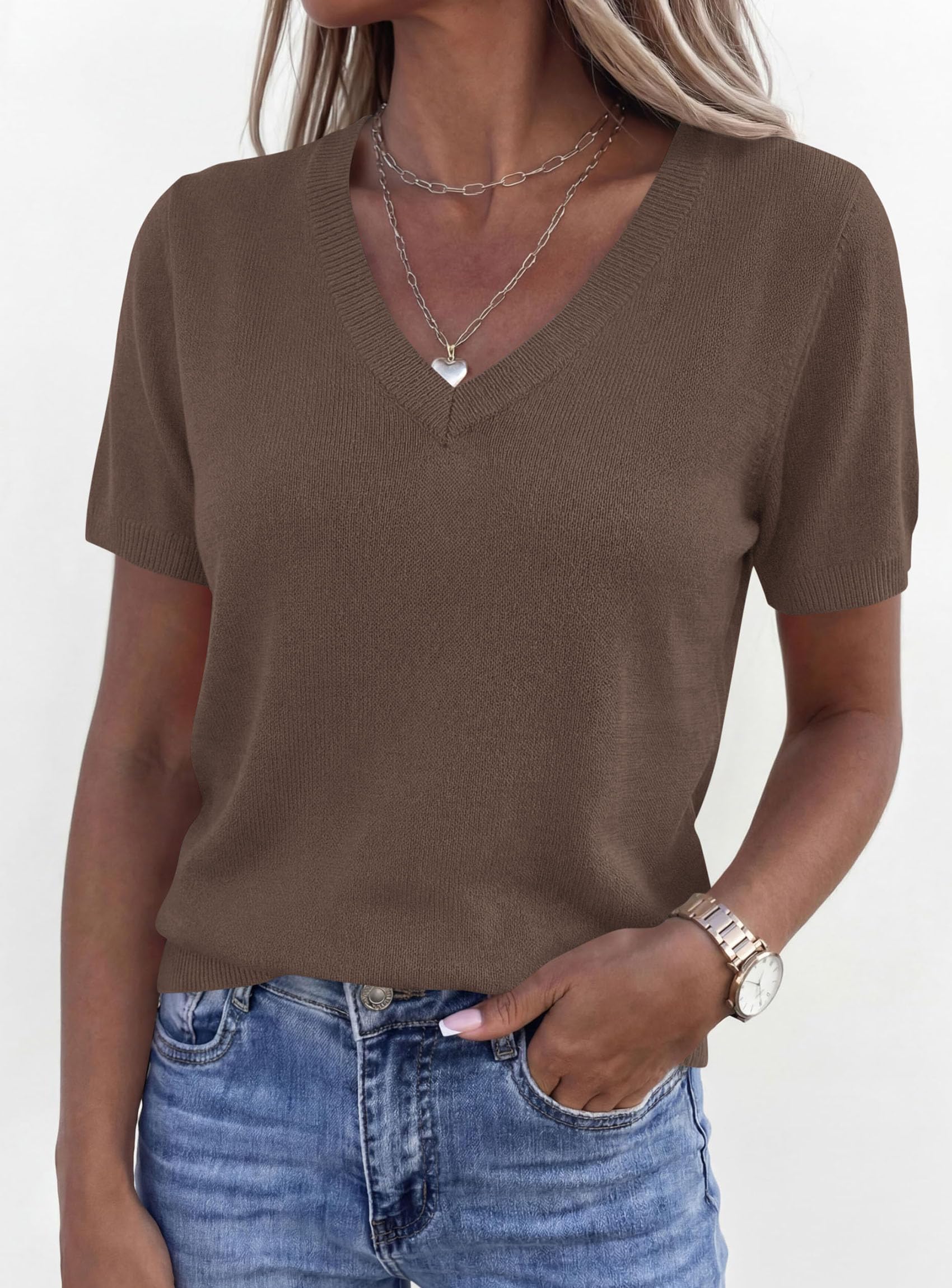Womens Short Sleeve Sweater V Neck Tops,Light Brown,S
