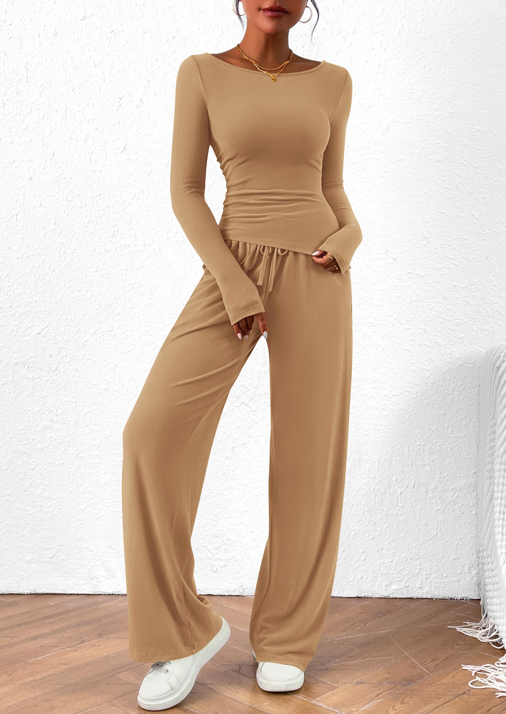 Women's 2 Piece Lounge Sets Airport Outfits(Khaki,XS)