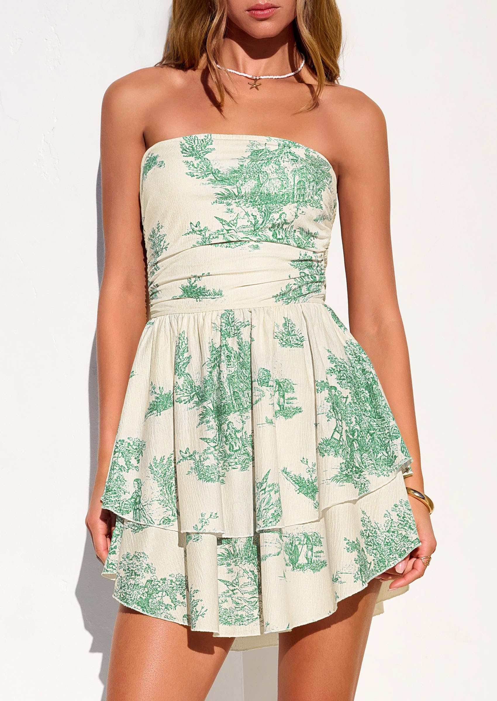 Women's Summer Strapless Flowy Mini Dresses (Floral Green,S)