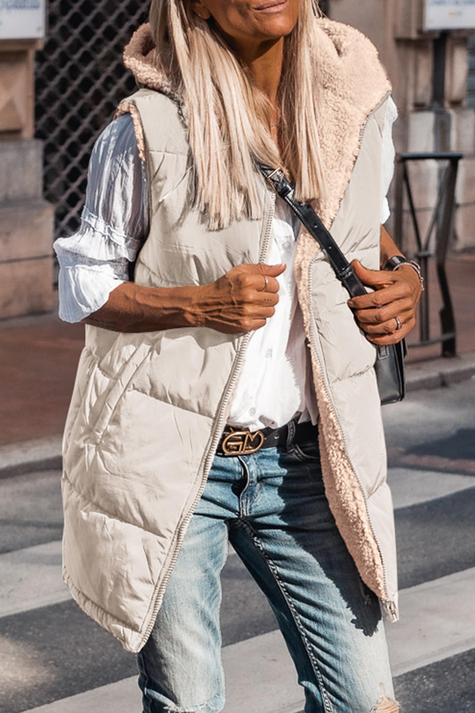 Women's Winter Reversible Fleece Long Vests(Light Khaki,S)