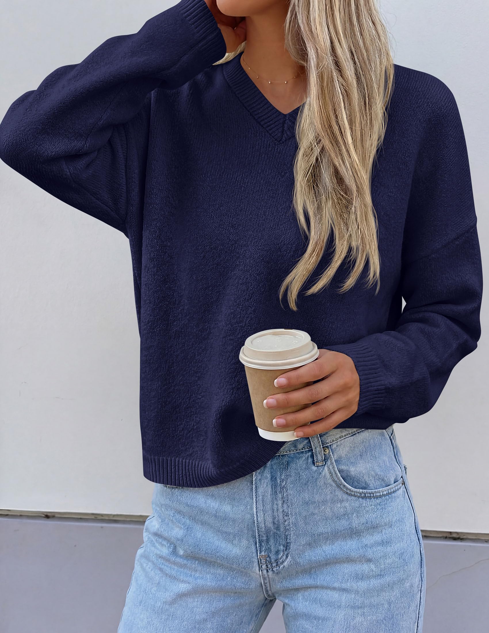 Women's Cozy Sweaters Fall Fashion V Neck Tops Navy Blue,S