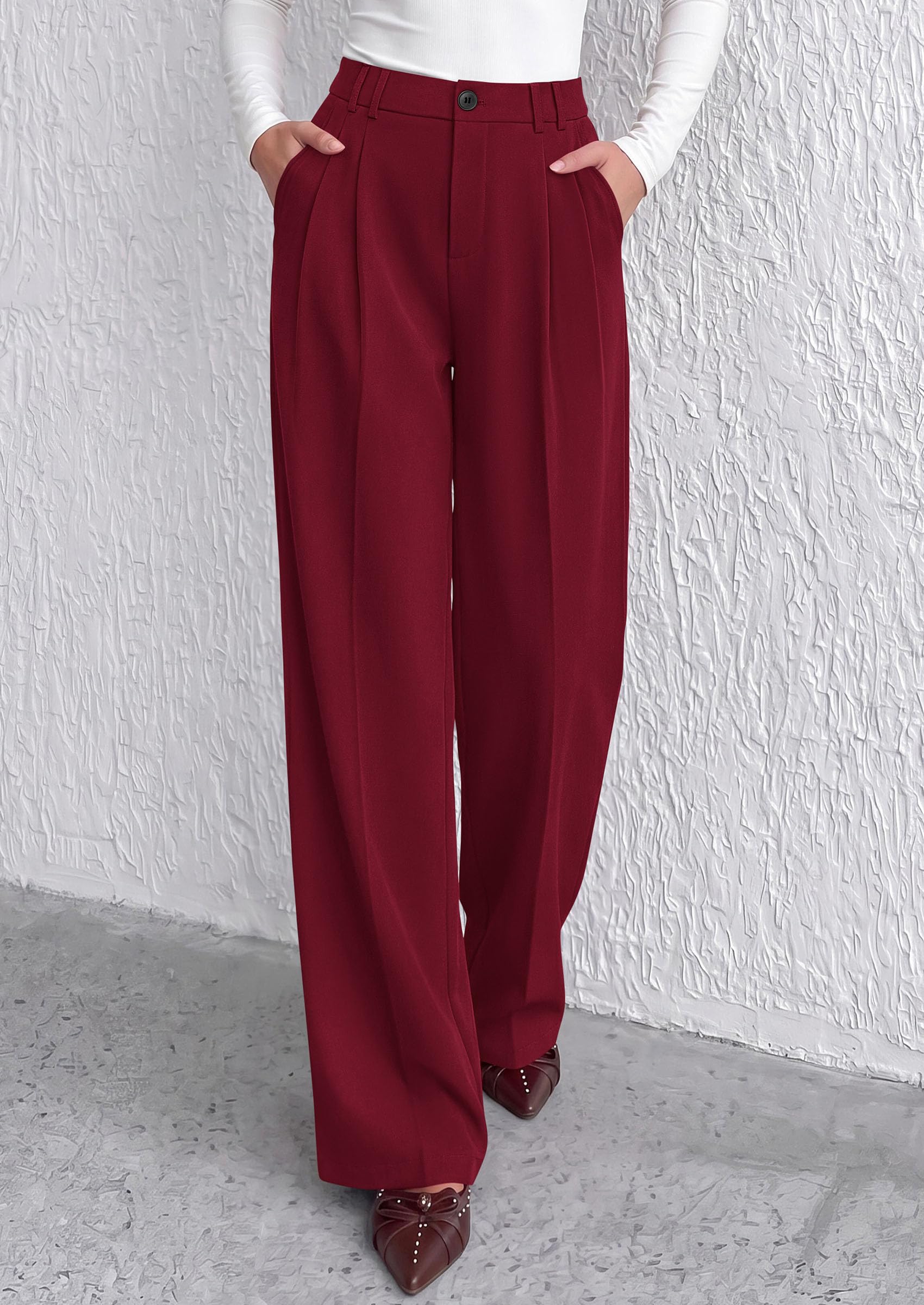 Women's Dress Pants Wide Leg Flowy Trousers,Burgundy,S