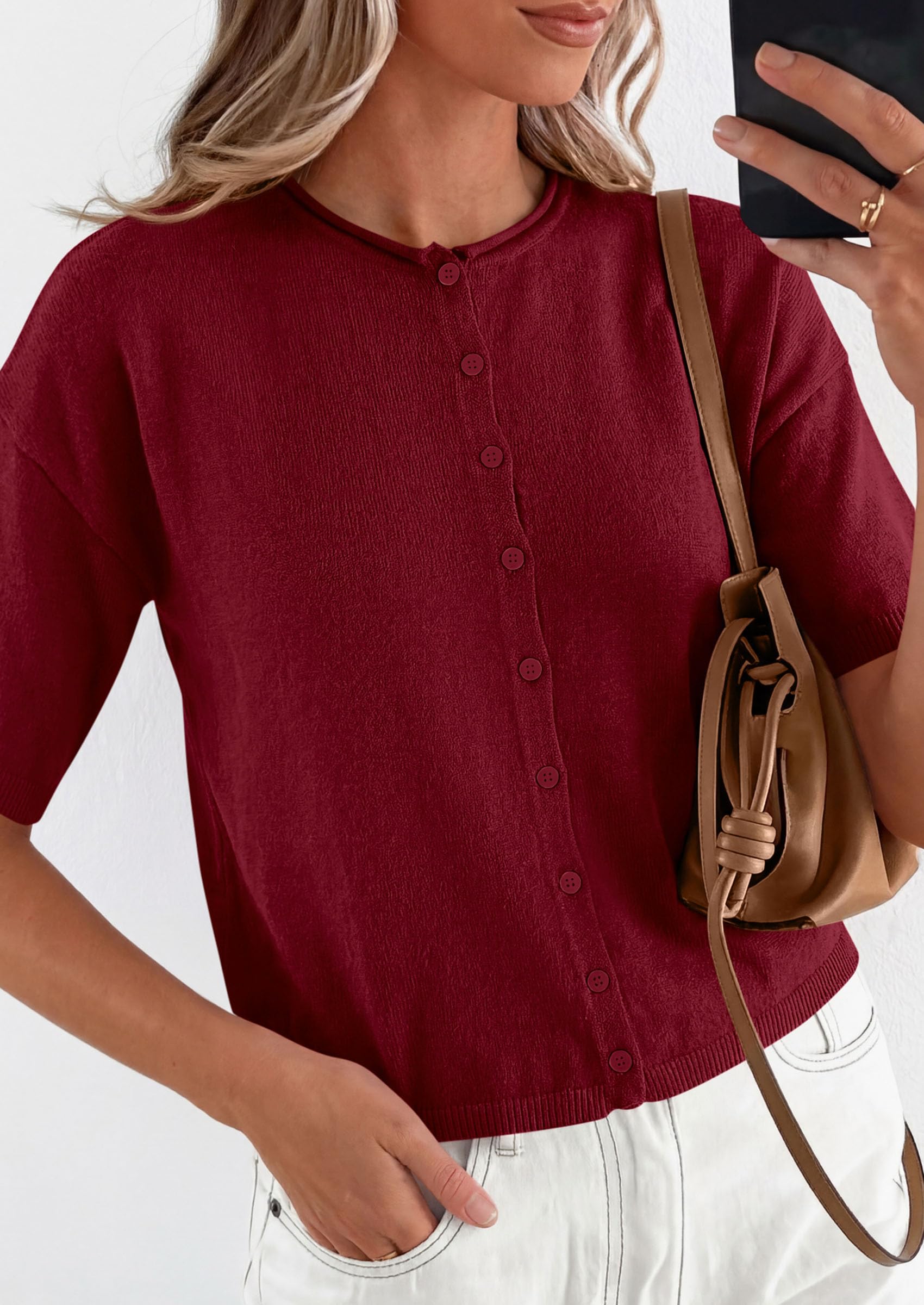 Women's Short Sleeve Cardigan Sweaters (Burgundy,Small)
