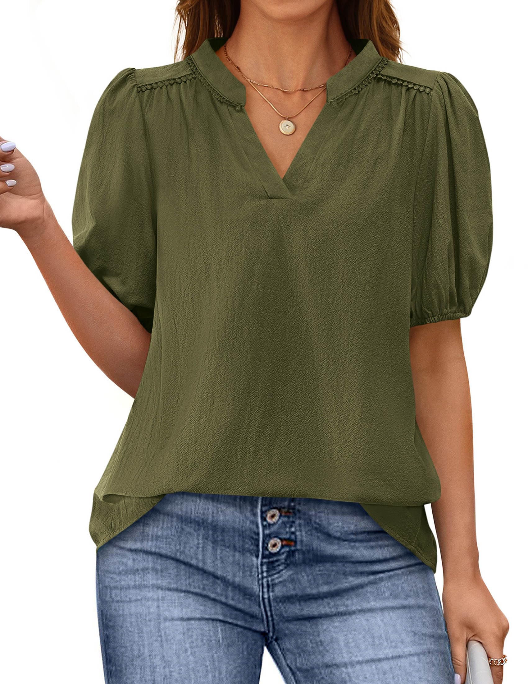Womens Short Puff Sleeve V Neck Blouses,Army Green,S