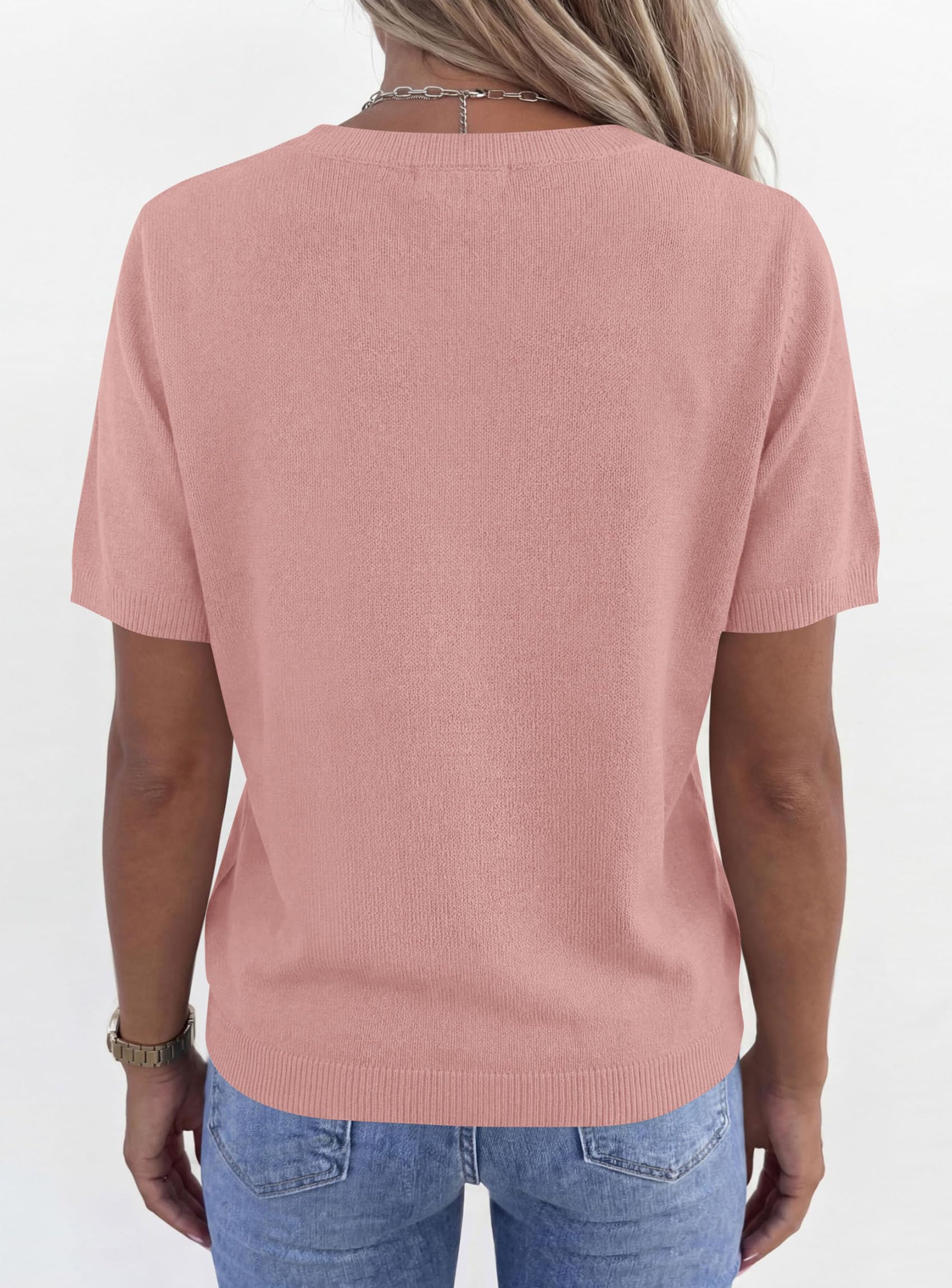 Womens Short Sleeve Sweater V Neck Tops,Dusty Pink,S