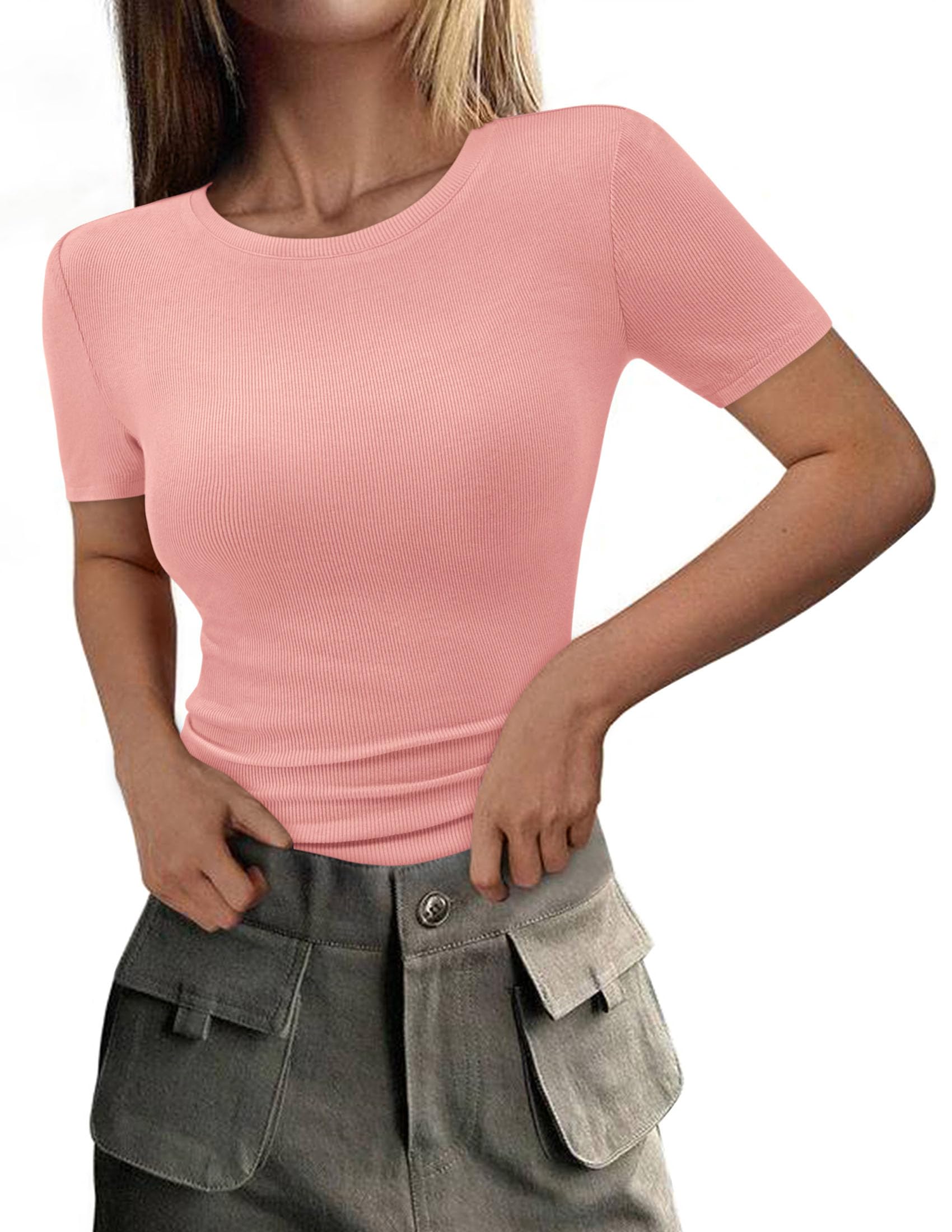 Womens Short Sleeve Slim Fit Basic Shirts,Pink,XS