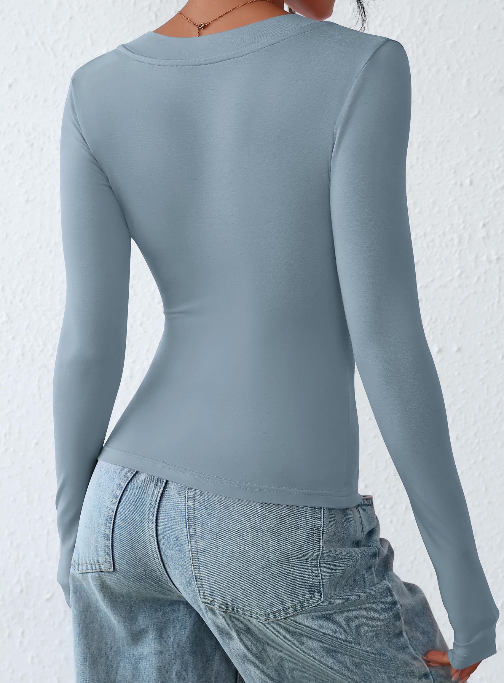 Women's V Neck Long Sleeve Shirts,Light Grey Blue,X-S