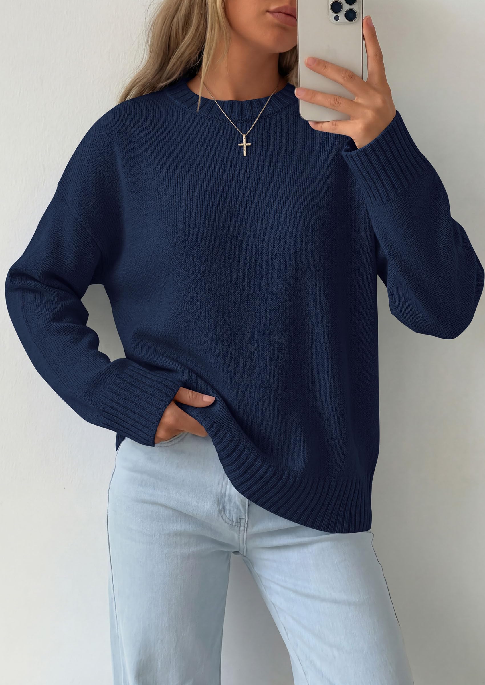 Oversized Sweater Women's Crewneck Long Sleeve Tops Navy Blue